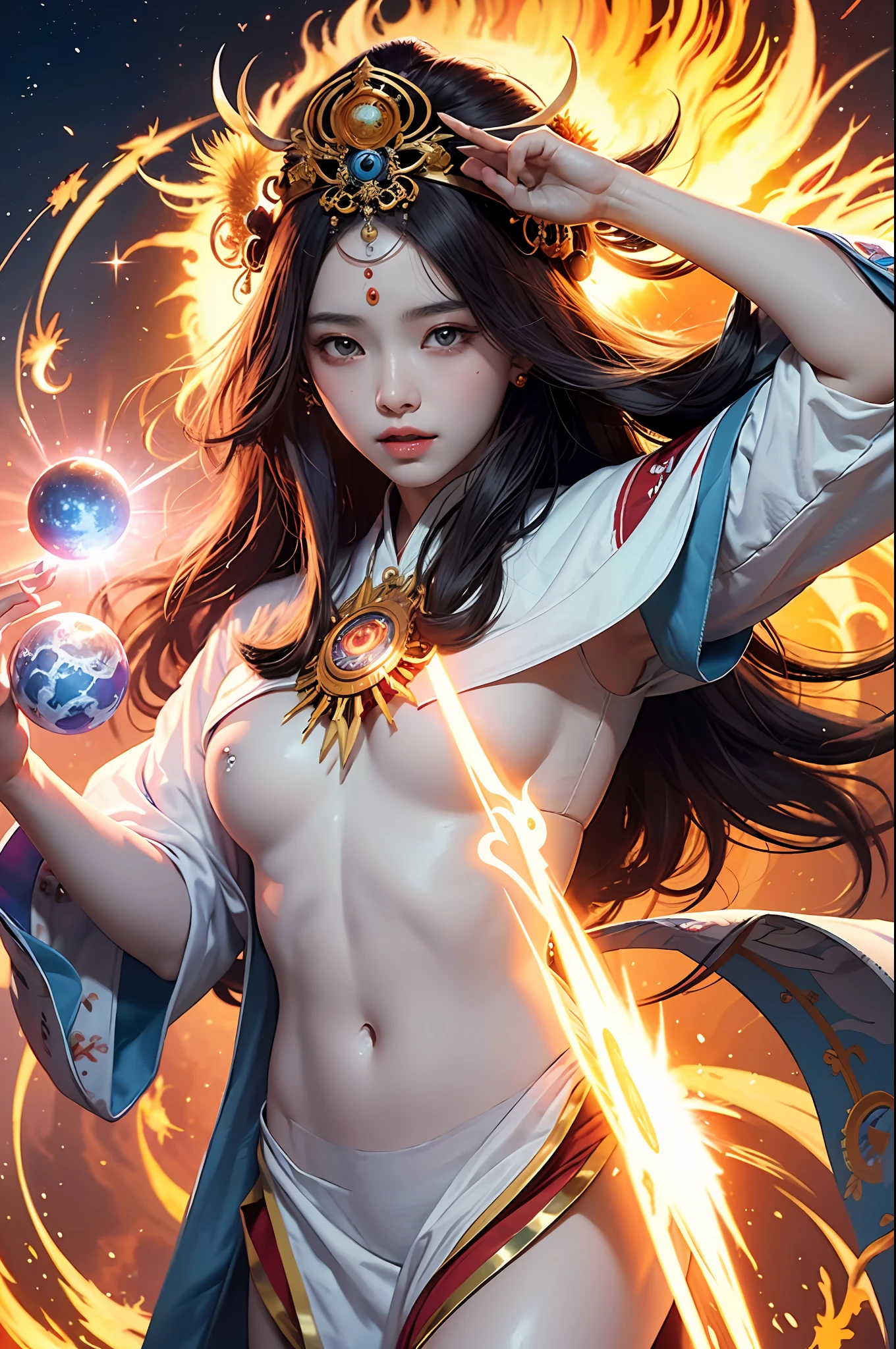 masterpiece, best quality,unity 8k wallpaper, ultra detailed, beautiful and aesthetic, beautiful, official art,
amaterasu priestess, sun disk, solar flare spell, sun goddess's blessing, divine intervention,