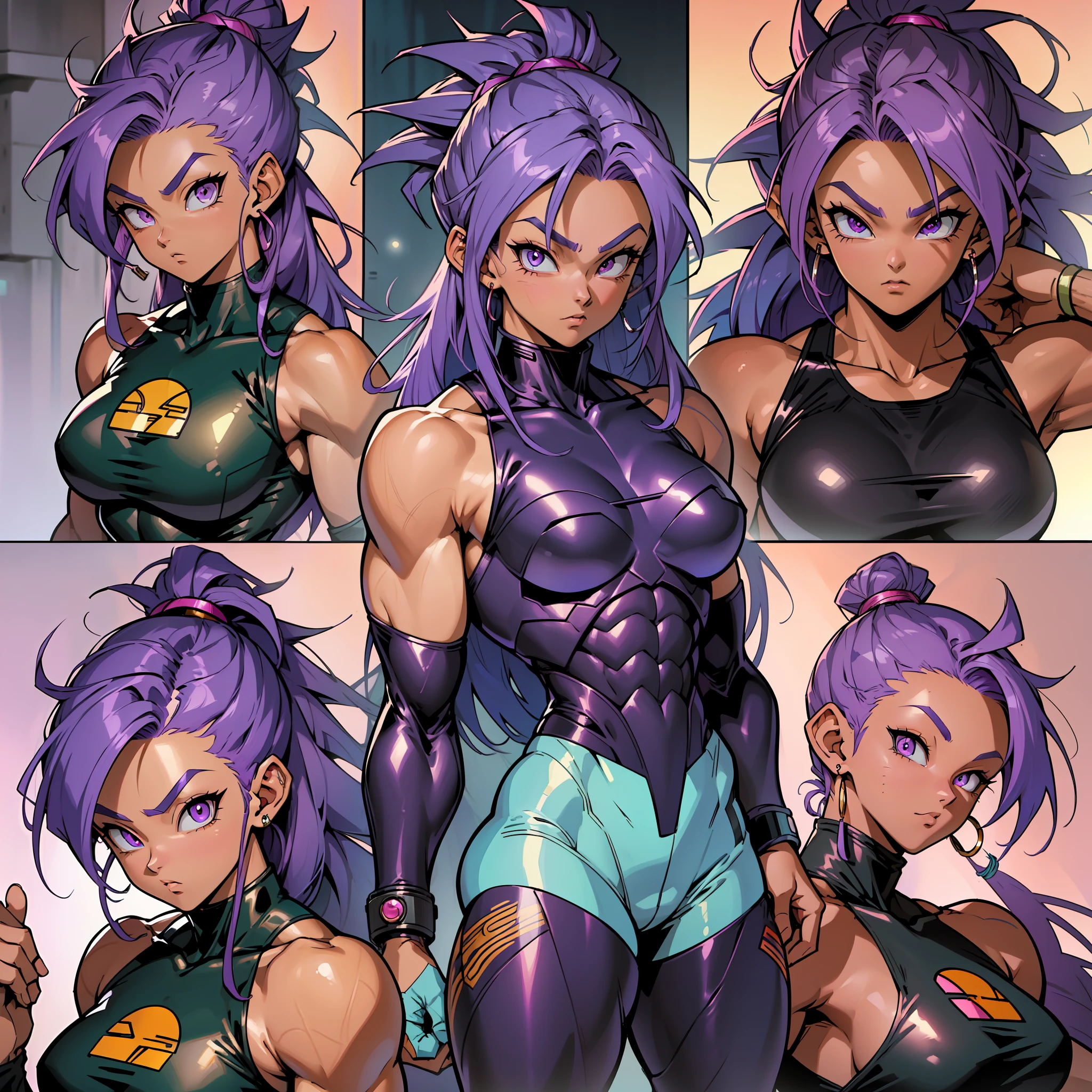 (((masterpiece)),maximum quality, futuristic setting, mulatto character, dark skin, long hair, purple hair, blue hair, pink hair, purple colored eyes, dragon ball style, is inspired by Bulma from Dragon Ball Z.