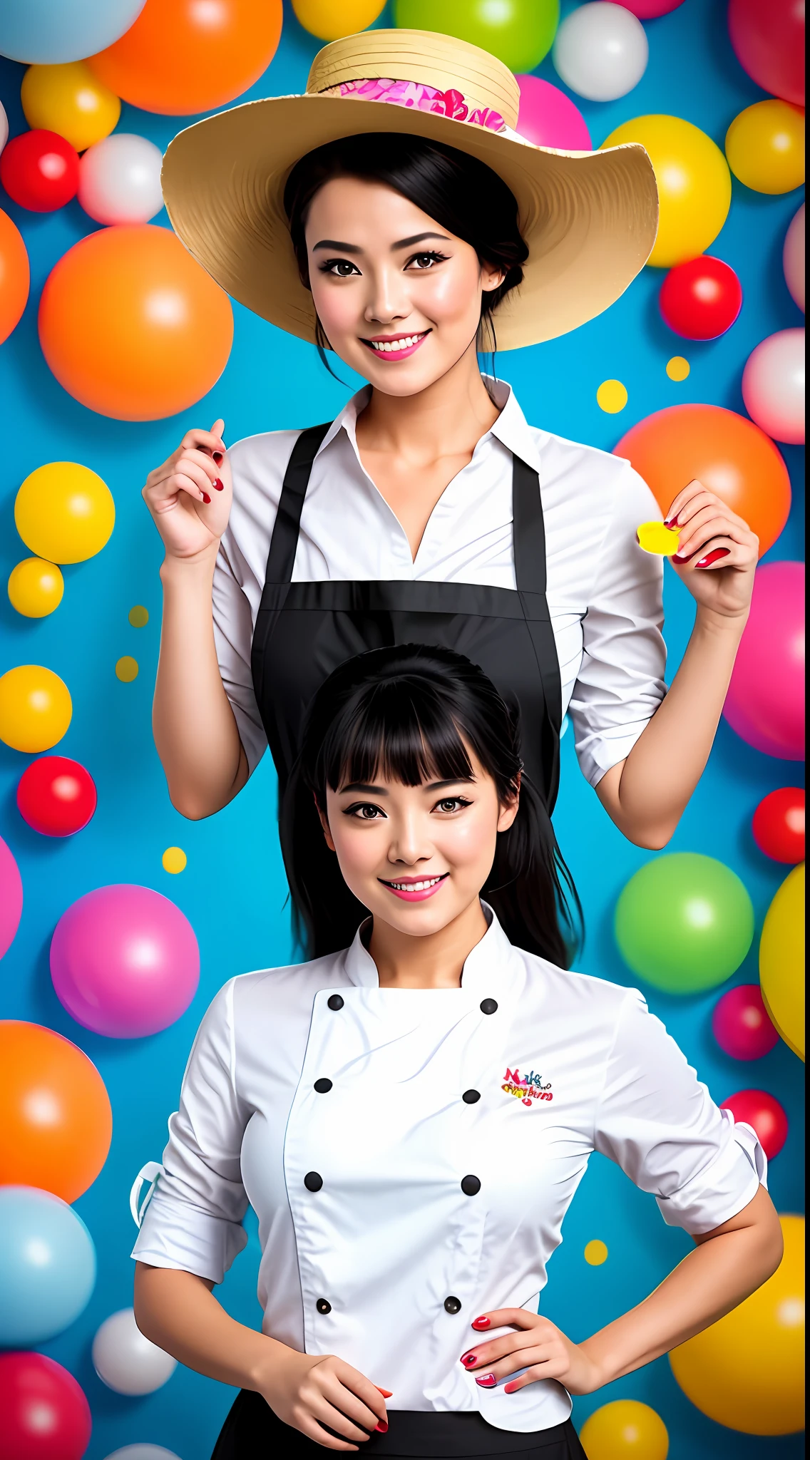 Best quality, realistic, award-winning illustration, (tricky detail: 1.2), (fine detail), (tricky detail), (cinematic lights, best quality), sharp lines, sharp focus, official artwork, 16k, A beautiful woman with a smiling face, wearing a straw hat, wearing a June party hat, June parties, white graffiti splash background, a beautiful young chef, wearing a black apron with colorful blouse emblazoned in June party colors,  Wearing jeans, medium black hair, holding a large can of delicious candy, creamy candy splash, character design by George Lucas style, white background.