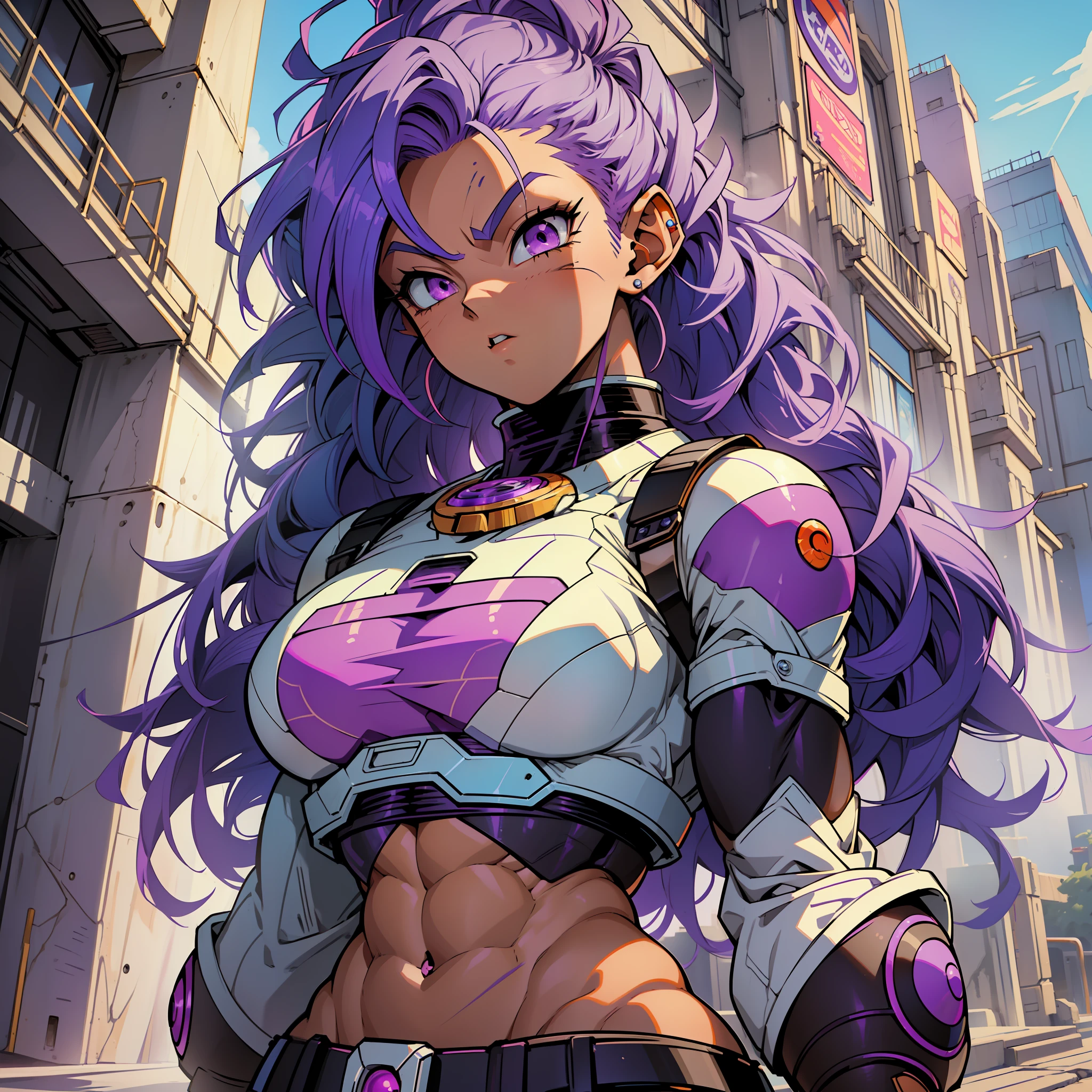 (((masterpiece)),maximum quality, futuristic setting, mulatto character, dark skin, long hair, purple hair, blue hair, pink hair, purple colored eyes, dragon ball style, is inspired by Bulma from Dragon Ball Z.