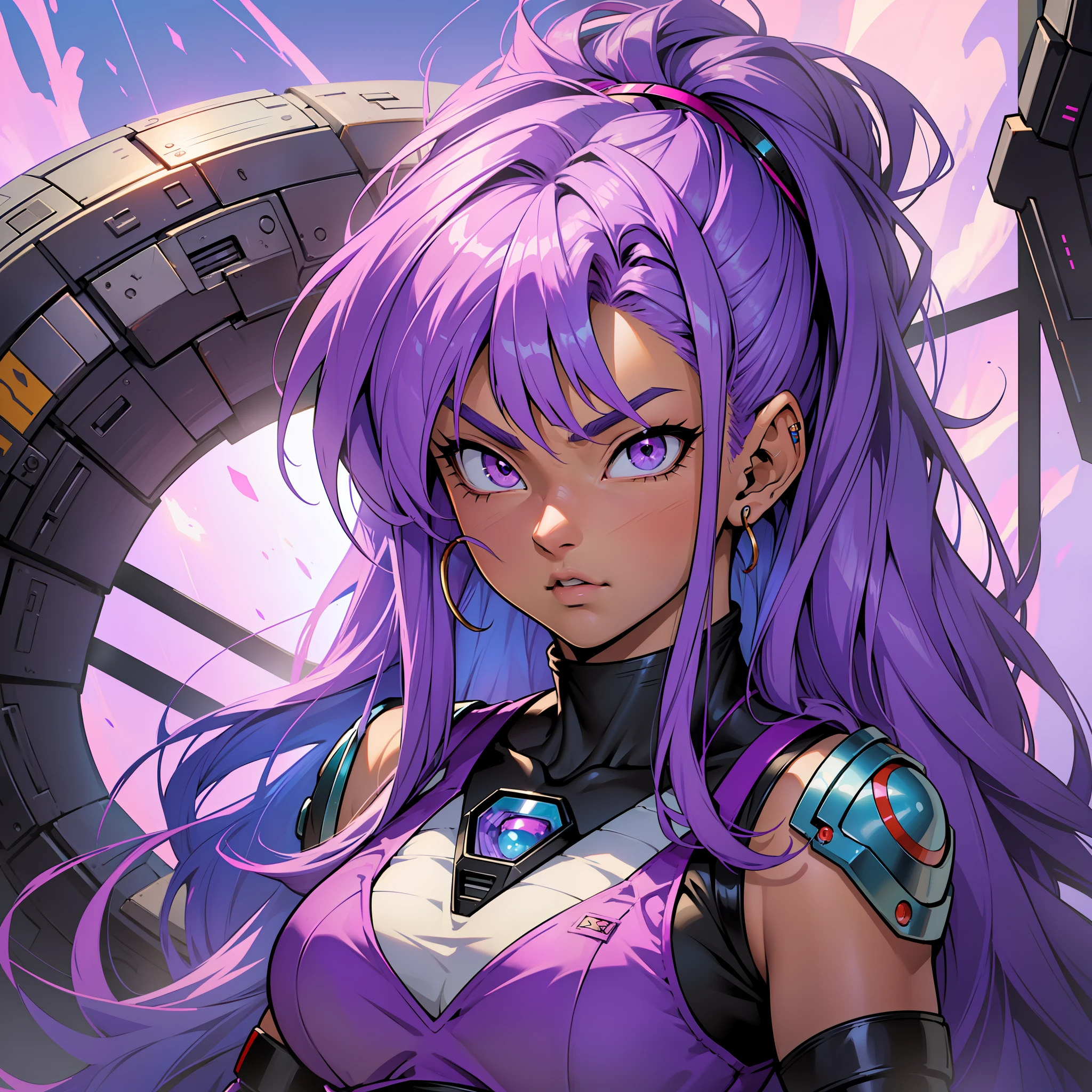 (((masterpiece)),maximum quality, futuristic setting, mulatto character, dark skin, long hair, purple hair, blue hair, pink hair, purple colored eyes, dragon ball style, is inspired by Bulma from Dragon Ball Z.