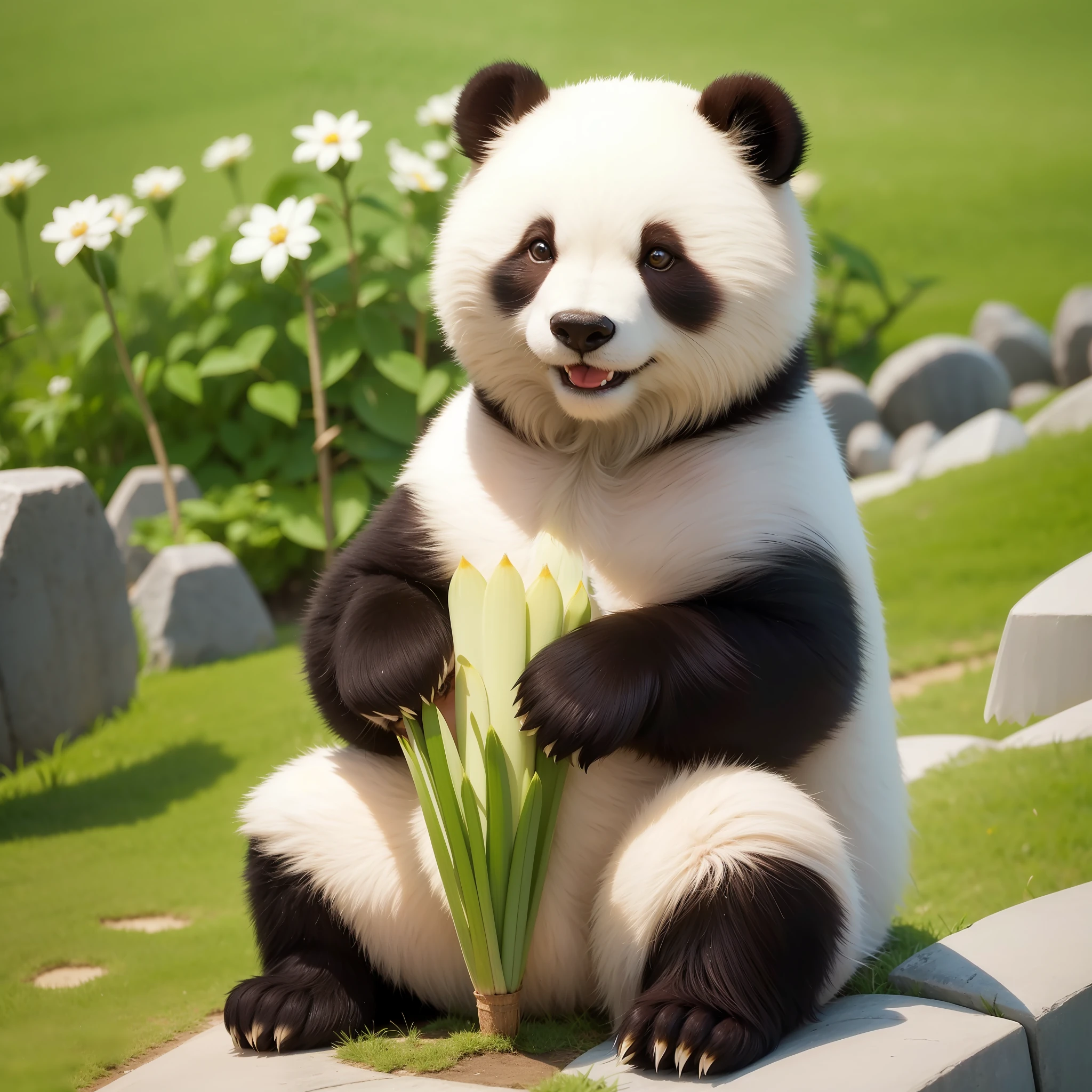 8K, 1 bear, cute sitting on the ground, small tail, (shiny and shiny hair: 1.5), (exquisite detail depiction: 1.5), cute giant panda named Hehua, characteristics of giant panda, two front paws holding a large bamboo shoot sitting on the ground, backed by a small stone mountain, there are birds on the mountain, smile to face the audience, enjoy the spring scenery in the small hills full of flowers, wide-angle lens, high-definition picture quality, exquisite detail description