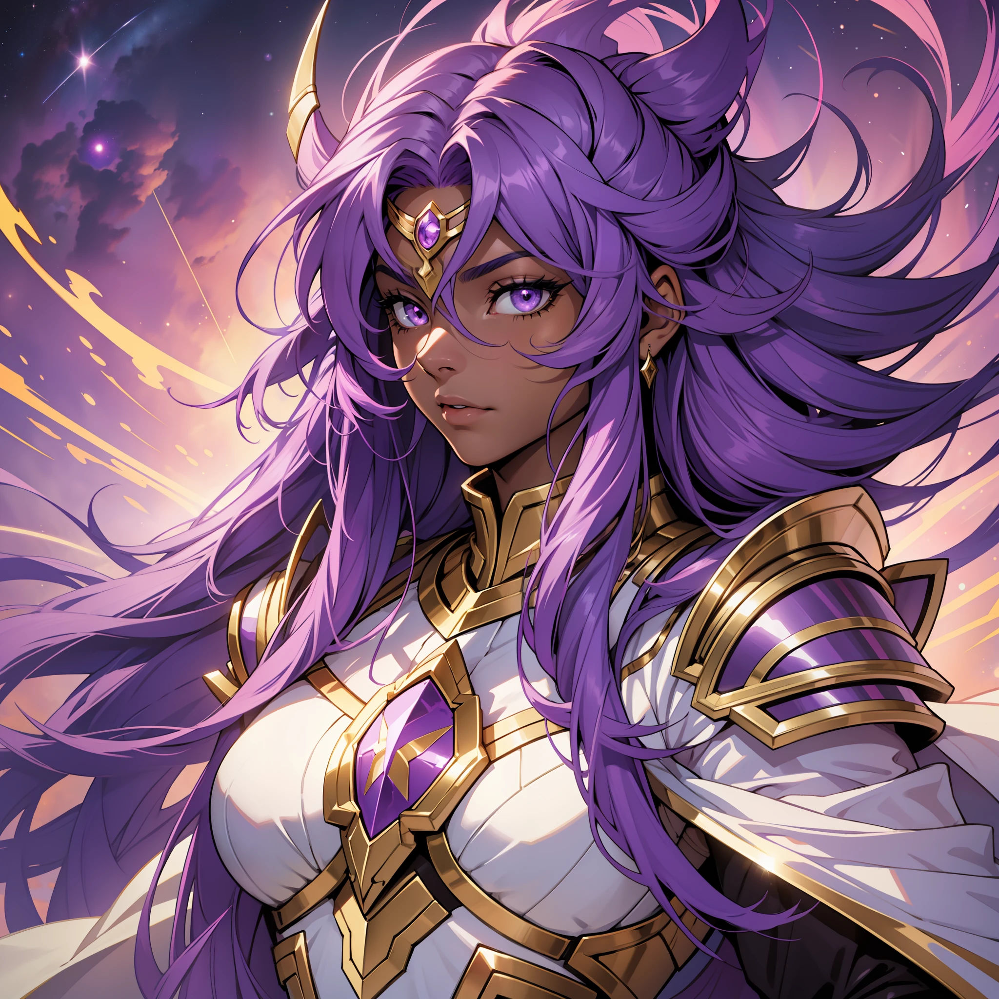 WOMAN, dark skin, dark skin, purple colored eyes, space, purple hair, blue hair, pink hair, long hair, gold armor, saint seiya, white cape