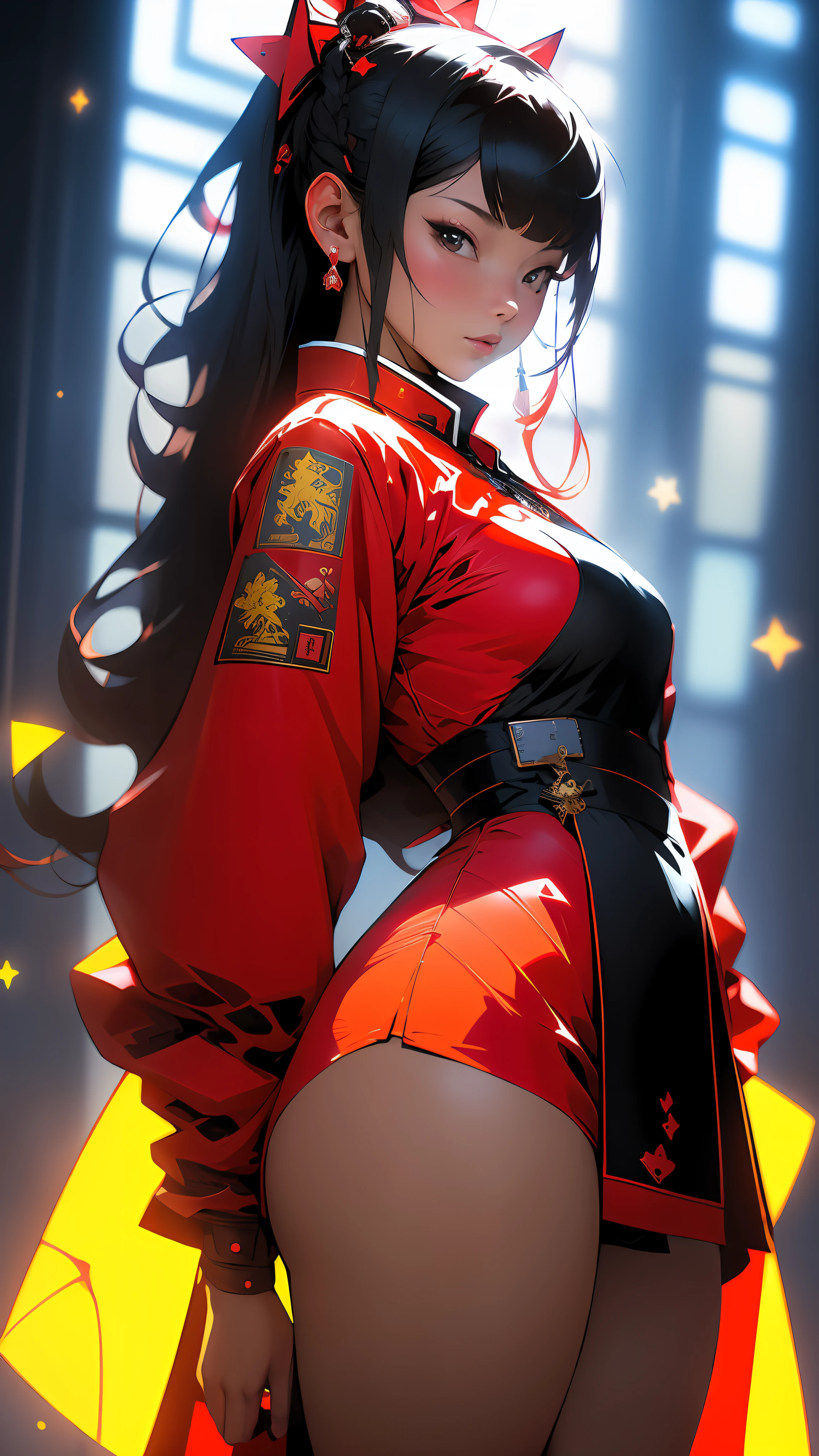 ((Best quality)), ((masterpiece)), (detailed: 1.4), Absurd, Chinese woman robot pilot ready for war, muscular body defined, back, perfect ass, looking back, half thick naked thighs, mouth closed, only in panties, muscular body parts covered in traditional Chinese but technological clothing, Neon Evangelion, ((medium breasts)) perfect, generous neckline, ((red outfit with several yellow stars on the uniform)),  China, dragon, kung fu, pastel, straight black hair with braid, a robotic arm, oriental eyes pulled, short underwear, garter belt, by mucha, niji --V5, close to real, best quality, almost naked, psychopath, crazy face, sexy pose, 2 piece clothes, dragon designs on the arms, cyberpunk, airplane wings on the back, oriental flame shoulder pad,  Predominant red clothing yellow details with yellow 5-pointed stars, pointed shoulder pads, black eyes pulled without pupils, HDR (High Dynamic Range),Ray Tracing,NVIDIA RTX,Super-Resolution,Unreal 5,Subsurface dispersion, PBR texture, Post-processing, Anisotropic filtering, Depth of field, Maximum clarity and sharpness, Multilayer textures, Albedo and specular maps, Surface shading, Accurate simulation of light-material interaction,  Perfect Proportions, Octane Render, Two-Tone Lighting, Wide Aperture, Low ISO, White Balance, Rule of Thirds, 8K
