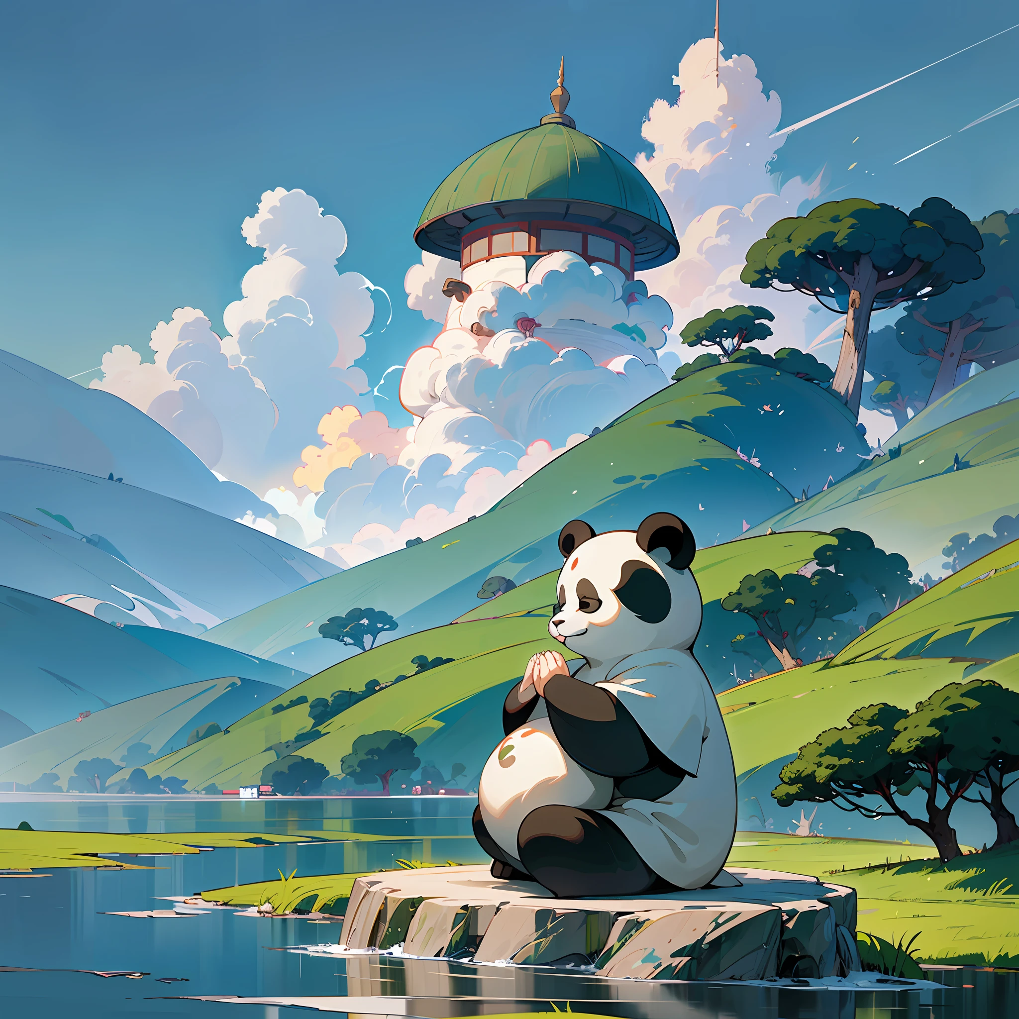 masterpiece, best quality,blind box toy style, ghibli-like colors, from the side, atmospheric perspective, f/1.8, UHD, masterpiece, ccurate, high detail, high quality, high resolution, a panda meditating, meditating, hands folded, chinese auspicious clouds, surrounding, flowing, --auto --s2