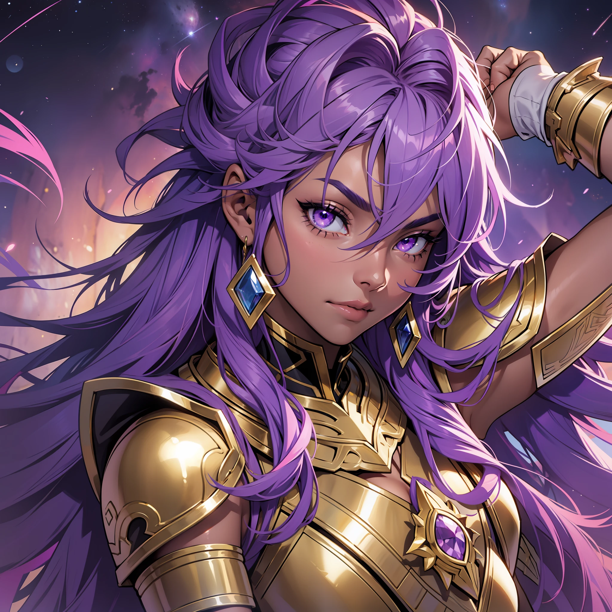 WOMAN, dark skin, dark skin, purple colored eyes, space, purple hair, blue hair, pink hair, long hair, gold armor, saint seiya,