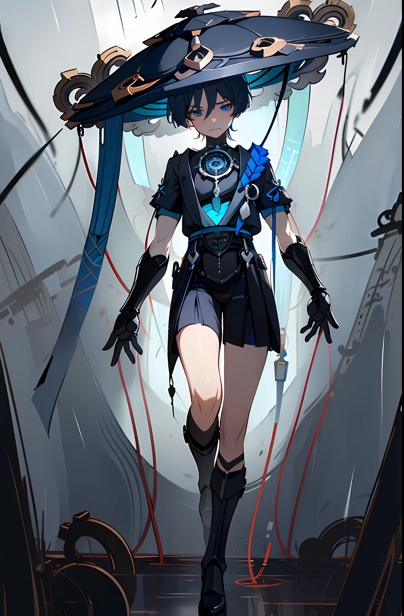 1male, pain_facial_expression,((masterpiece)),((high detailed)), ((best quality)), blue hair, blue eyes, ((black_mechanical_body)), ((wires)), (((prothesis_arms))), raining, dark_lighting, beautiful lighting,((prothesis_legs)), reactor, fan,