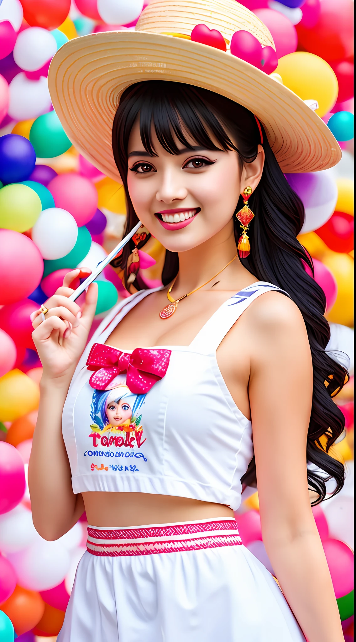 Best quality, realistic, award-winning illustration, (tricky detail: 1.2), (fine detail), (tricky detail), (cinematic lights, best quality), sharp lines, sharp focus, official artwork, 16k, A beautiful woman with a smiling face, wearing a straw hat, wearing a June party hat, June parties, white graffiti splash background, a beautiful young chef, wearing a black apron with colorful blouse emblazoned in June party colors, Wearing jeans, medium black hair, holding a large can of delicious candy, creamy candy splash, character design by George Lucas style, white background.