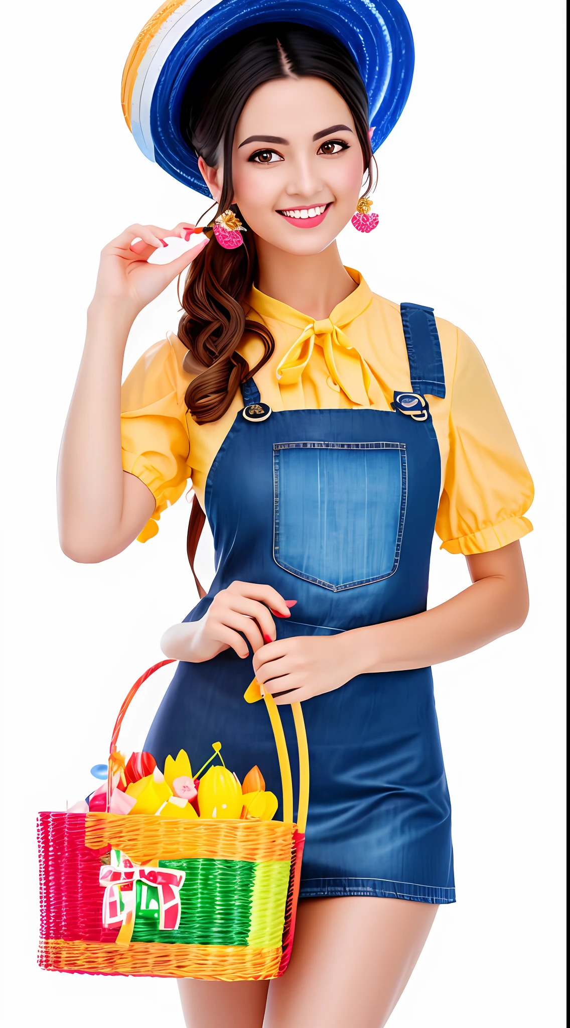 Best quality, realistic, award-winning illustration, (tricky detail: 1.2), (fine detail), (tricky detail), (cinematic lights, best quality), sharp lines, sharp focus, official artwork, 16k, A beautiful woman with a smiling face, wearing a straw hat, wearing a June party hat, June parties, white graffiti splash background, a beautiful young chef, wearing a black apron with colorful blouse emblazoned in June party colors, Wearing jeans, medium black hair, holding a large can of delicious candy, creamy candy splash, character design by George Lucas style, white background.