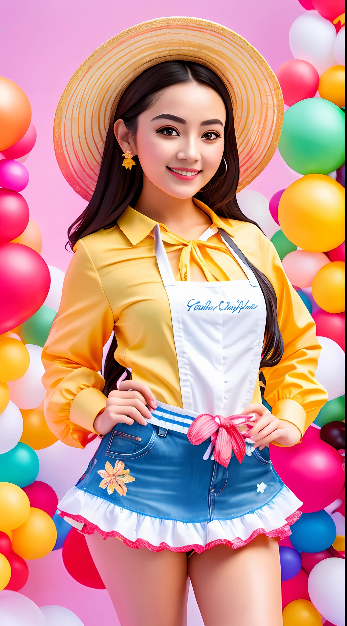 Best quality, realistic, award-winning illustration, (tricky detail: 1.2), (fine detail), (tricky detail), (cinematic lights, best quality), sharp lines, sharp focus, official artwork, 16k, A beautiful woman with a smiling face, wearing a straw hat, wearing a June party hat, June parties, white graffiti splash background, a beautiful young chef, wearing a black apron with colorful blouse emblazoned in June party colors, Wearing jeans, medium black hair, holding a large can of delicious candy, creamy candy splash, character design by George Lucas style, white background.