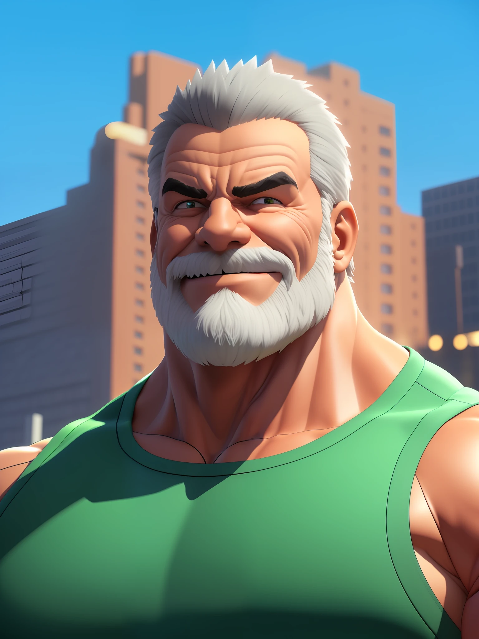 a old man big muscular, happy expression, detailed face, face, detailed eyes, eyes, really big muscle, bigger muscle, very big muscular, over sized muscle, biggest muscle, big pec muscular, biggest pec muscle, detailed muscle, realistic rendering, CG realistic, 3d realistic, photography, background, green tanktop, white beard, white hair