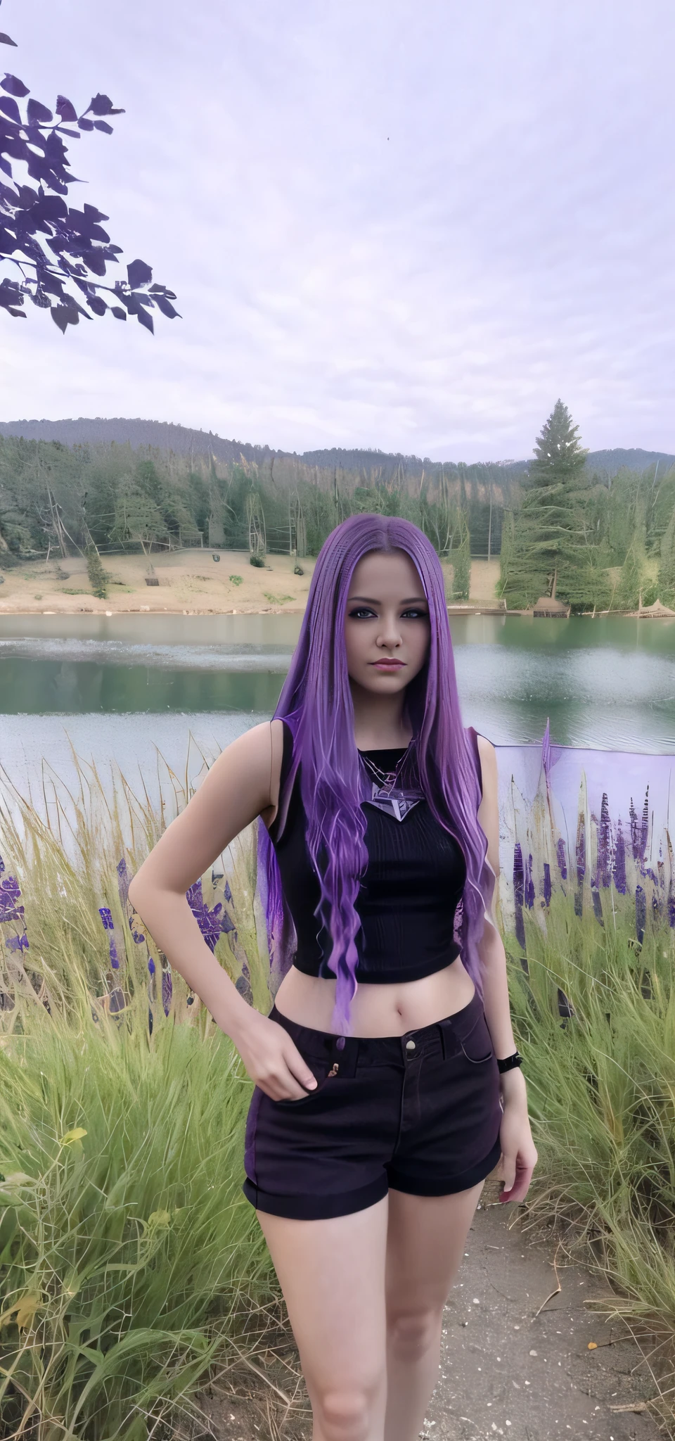 Arafed woman with purple hair standing in front of a lake, she has purple hair, about 1 9 , 1 6 years oldery poor image quality, 1 7 year old gothic girl, long purple hair, dark purple hair and cybernetics, 18 years old, lake in the background, purple and black, purple long hair, tanned skin