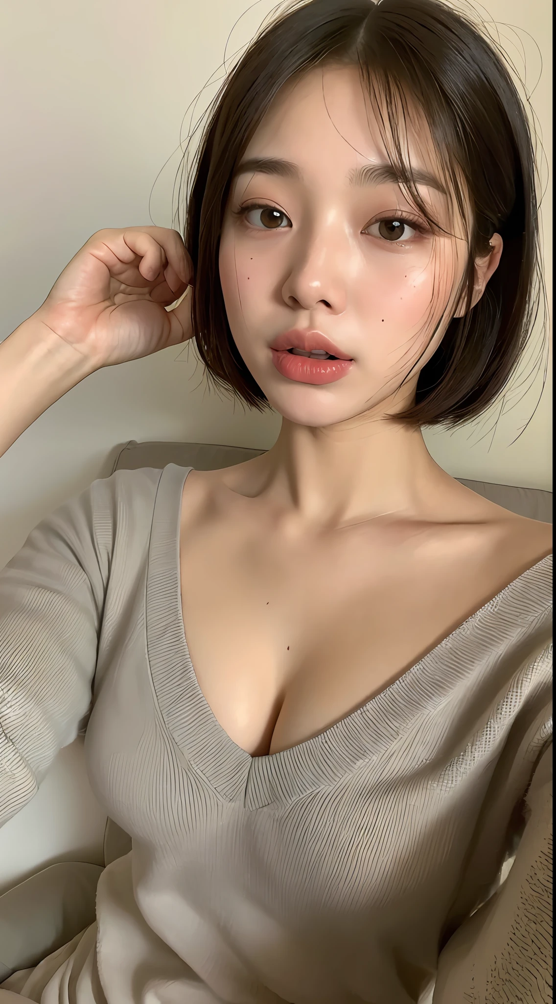 ((Top Quality, 8k, Masterpiece: 1.3)), 1 Girl, (Casual Hairstyle, Big: 1.2), Casual Wear: 1.2, Interior, Super Detail Face, Delicate Eyes, Double Eyelids, Soft Breasts, Exposed Cleavage, No Bra, Bob Cut, Tongue Out, On Bed, Camisole, Underwear, Japan Person, Protruding Nipples, Kissing Face