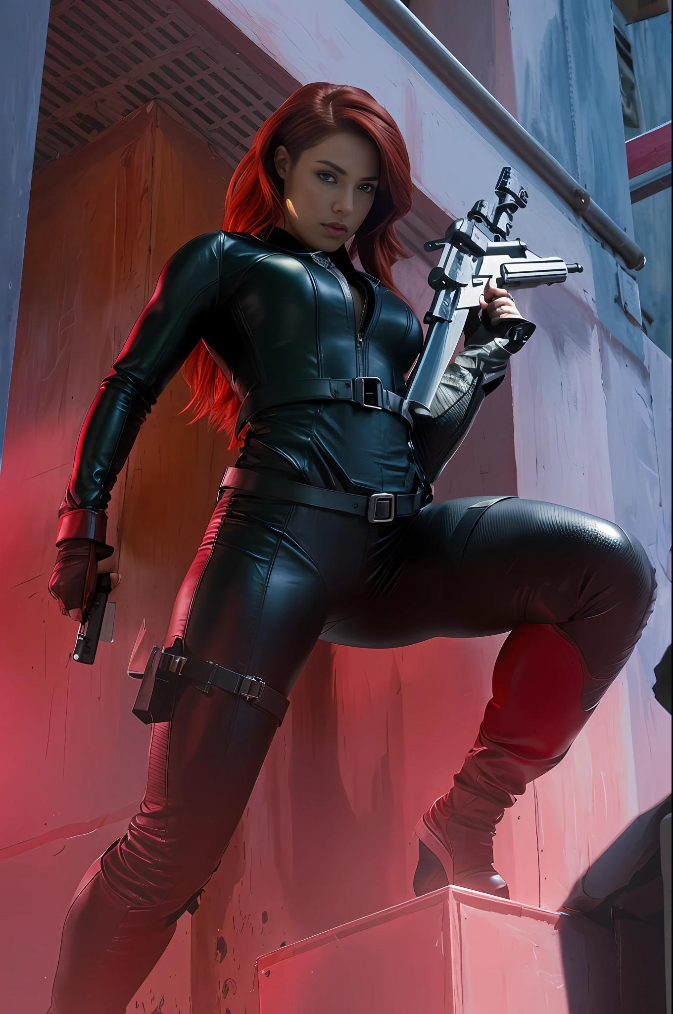 4K, muscular woman, fitness body, red hair, leather suit, holding rifle.