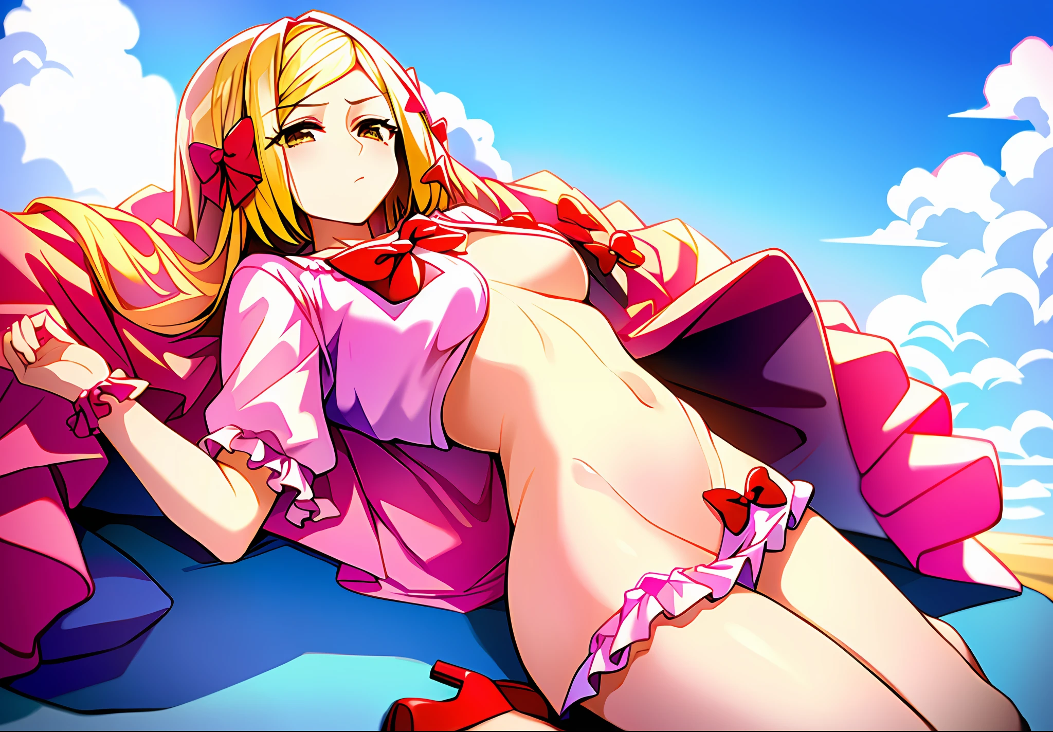 1girl, lambdadelta, pink dress, kneehighs, striped legwear, red shoes, shoe bow, red bows, blond hair, short hair, brown eyes, elbow black gloves, top-down bottom-up, best quality: 1.5, masterpiece, perfect figure, delicate hands, HDR, detailed body, extremely detailed, higres, beautiful girl, summer, large clouds, blue sky, hot weather, perfect body, wet skin, navel, sexy, beautiful waist, desirable, small breasts, shy, bikini, bare shoulders