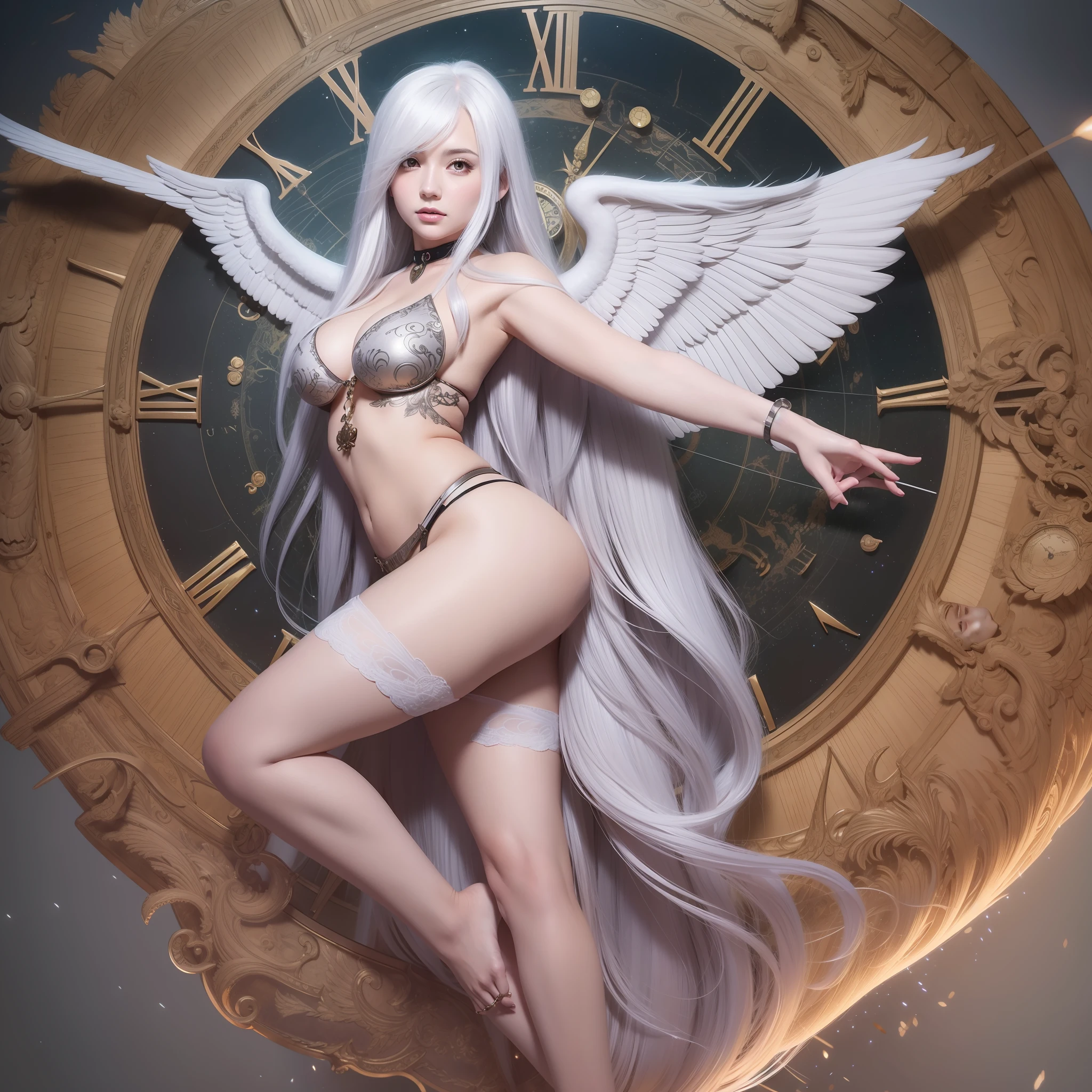 image of a woman with wings and a clock, goddess, extremely detailed artgerm, full - body majestic angel, trending on artstation pixiv, artgerm on artstation pixiv, guweiz on pixiv artstation, guweiz on artstation pixiv, white haired deity, artgerm. anime illustration