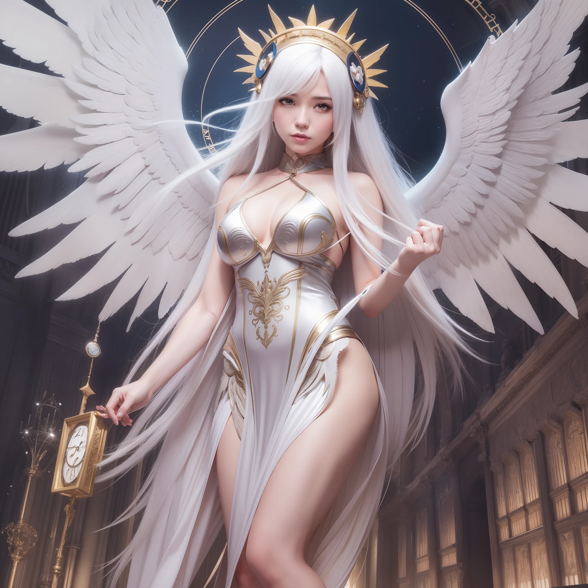image of a woman with wings and a clock, goddess, extremely detailed artgerm, full - body majestic angel, trending on artstation pixiv, artgerm on artstation pixiv, guweiz on pixiv artstation, guweiz on artstation pixiv, white haired deity, artgerm. anime illustration