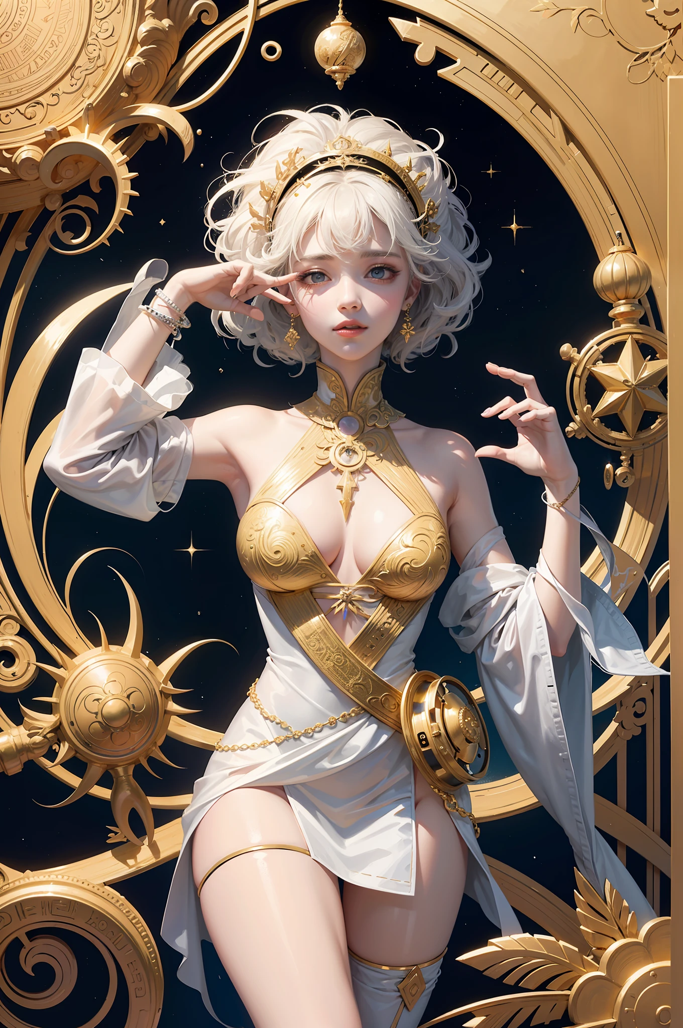 official art, unity 8k wallpaper, ultra detailed, beautiful and aesthetic, beautiful, masterpiece, best quality, (zentangle, mandala, tangle, entangle), ,leilinggeng,lightning,,Lots of lightning,drawing,lightning elemental energy towards himself,Beautiful girl,The body is wrapped in lightning, dynamic angle, cowboyshot, the most beautiful form of chaos, elegant, white dress, golden long hair, a brutalist designed, vivid colours, romanticism, by james jean, roby dwi antono, ross tran, francis bacon, michal mraz, adrian ghenie, petra cortright, gerhard richter, takato yamamoto, ashley wood, atmospheric, (zentangle, mandala, tangle, entangle) enjoying a stream of music, where you can visualize the notes, ecstasy of musical notes, streaming musical notes visible, holy light,gold foil,gold leaf art,glitter drawing, gold floating particles
