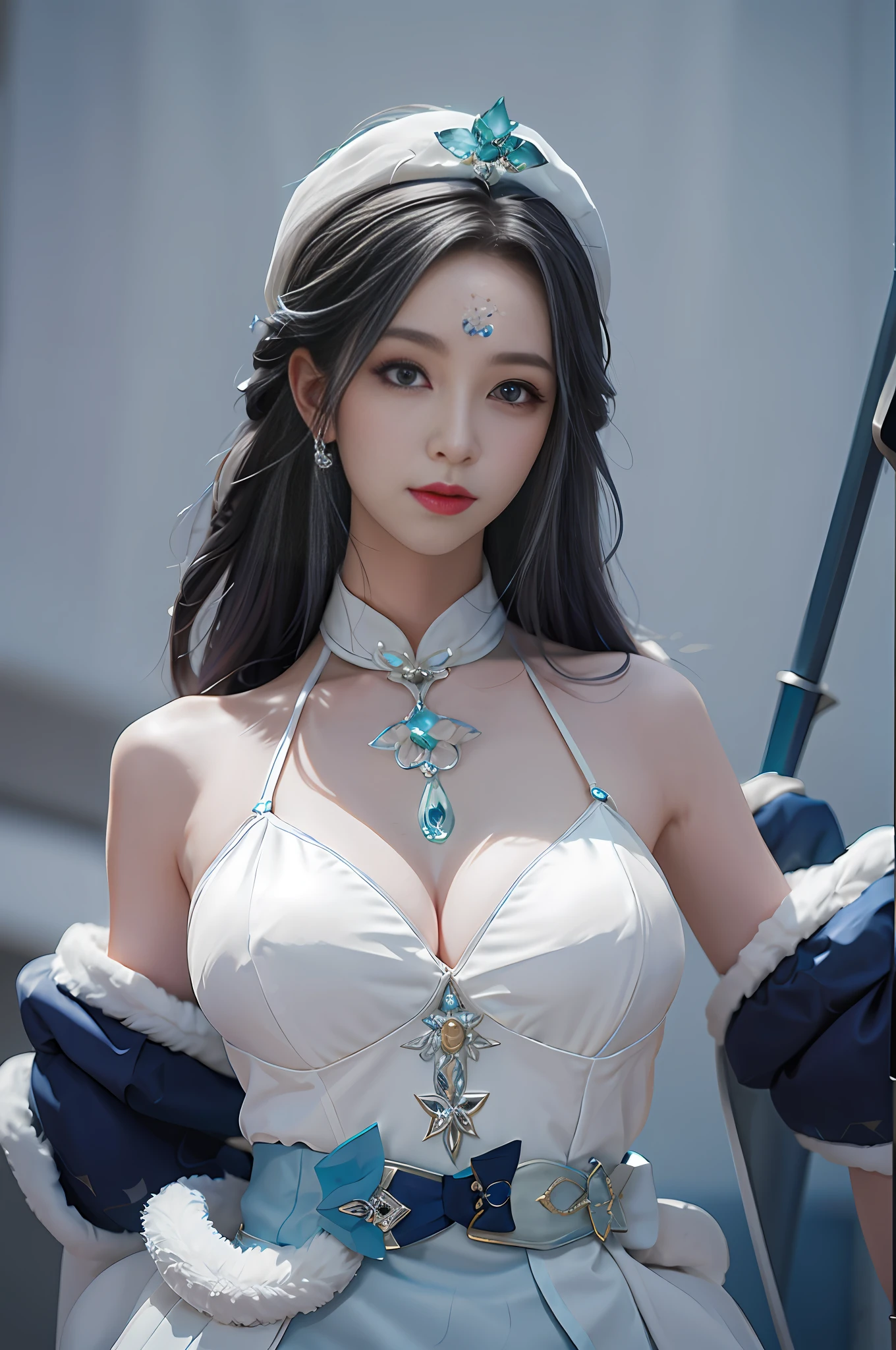 araffe woman in a white dress with a blue bow and a sword, pale milky white porcelain skin, a beautiful fantasy empress, trending on cgstation, ornate cosplay, anime girl cosplay, trending at cgstation, cosplay, queen of the sea mu yanling, anime cosplay, full body xianxia, pale snow white skin, captured on canon eos r 6