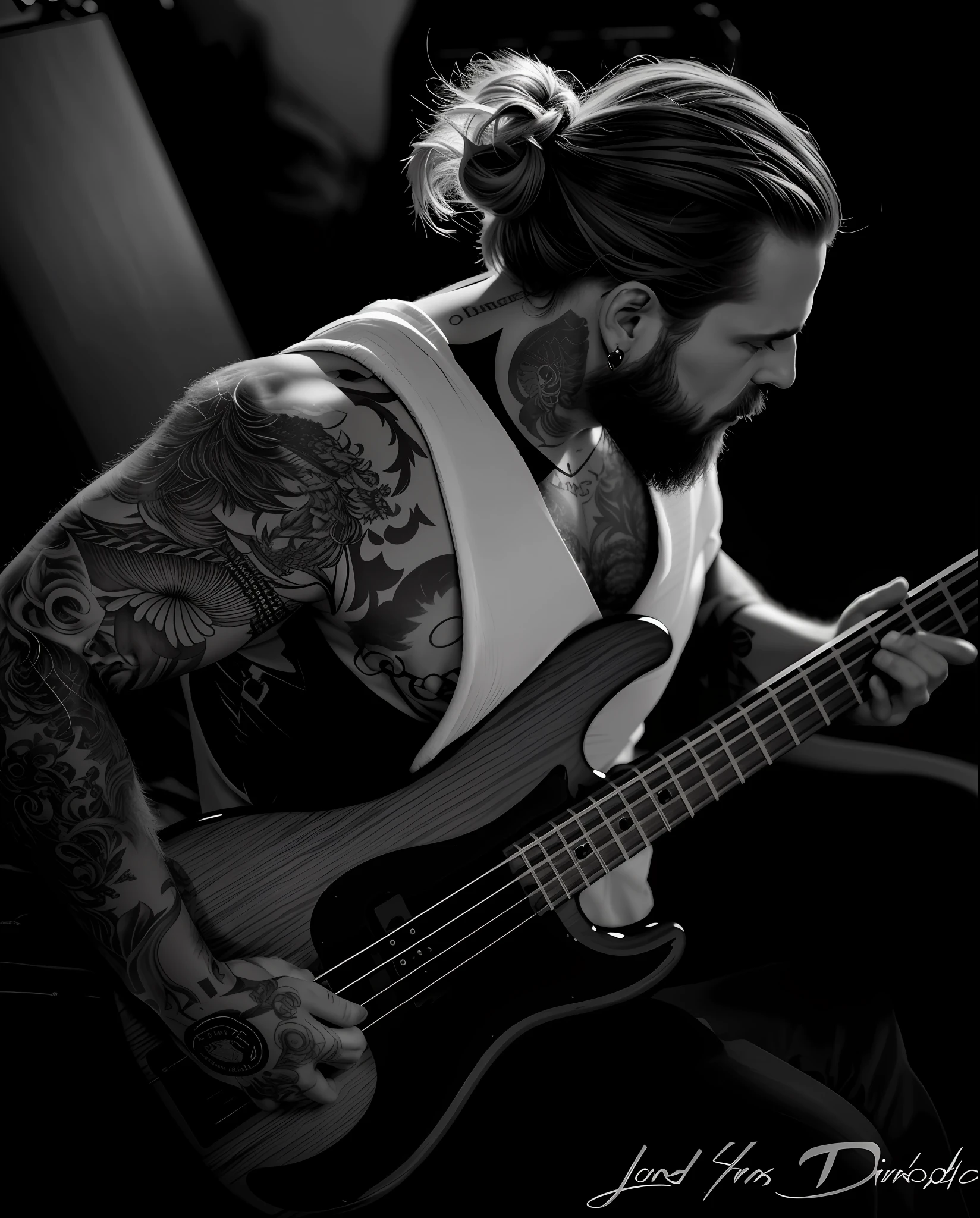 a man with a beard playing a bass guitar in a black and white photo, felix englund, felix englund style, bassist, adam varga, by Sven Erixson, ash thorp, by Erik Ortvad, rectangle, sebastian ludke, by Samu Börtsök, by Daniel Seghers, by Adrian Zingg