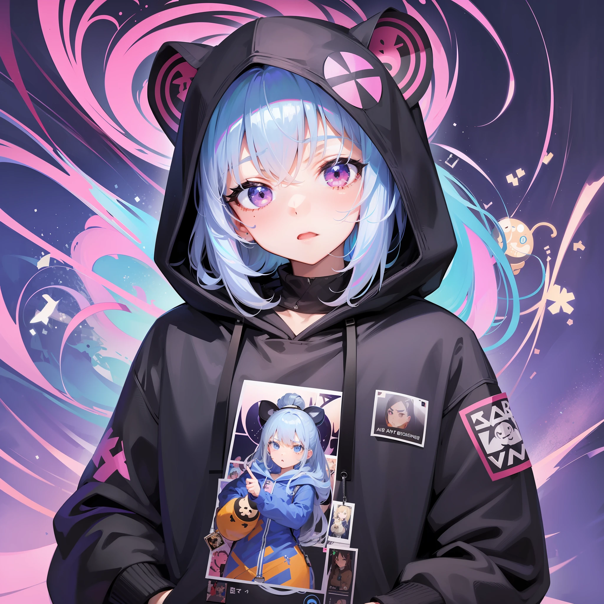 Girl in hoodie with index finger to mouth, facing the camera, upper body, rat sticker, key anime art, projectile on broken digital art, anime art wallpaper 8K, anime style 4K, badass anime 8K