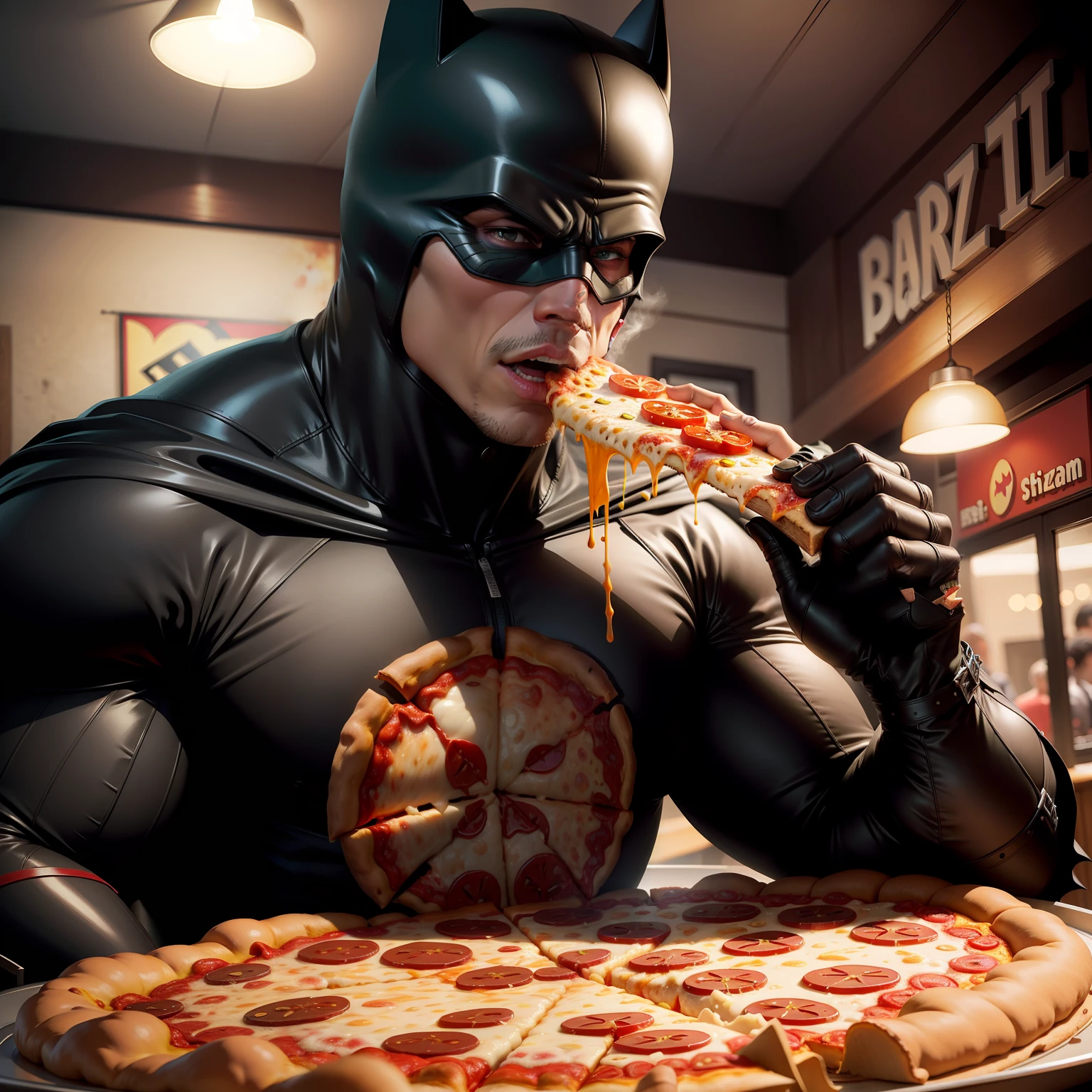 BATMANN EATING A VERY LARGE PIZZA