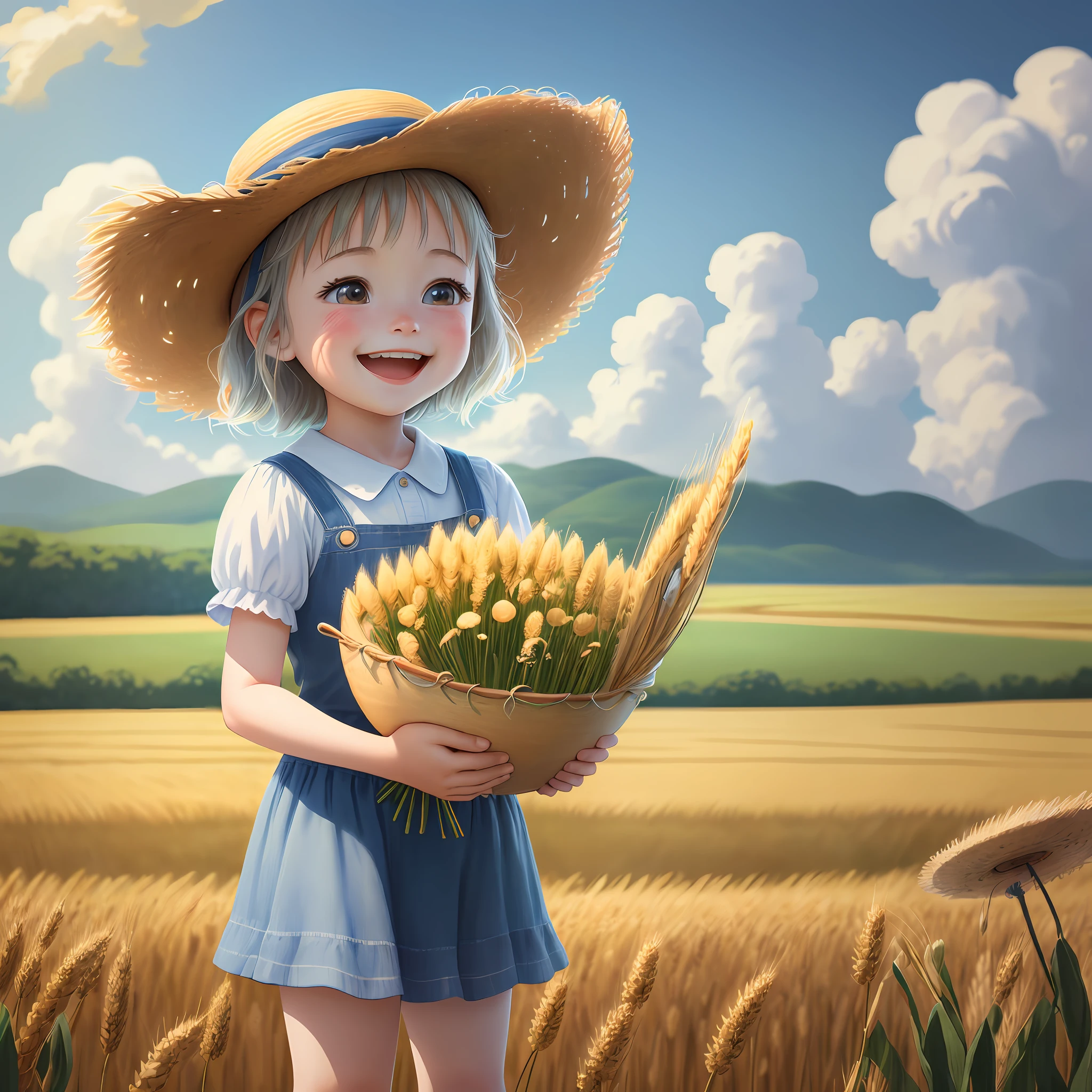 (masterpiece:1.1), best illustration, ultra-detailed CG unity 8k wallpaper, a happy little southern child, (wearing a straw hat), (short sleeves), (Miyazaki style), (melon face), (big eyes), (long eyelashes), (laughing), laughing in the field, (wheat field), (flowers), (blue sky), white clouds, (wind blowing)