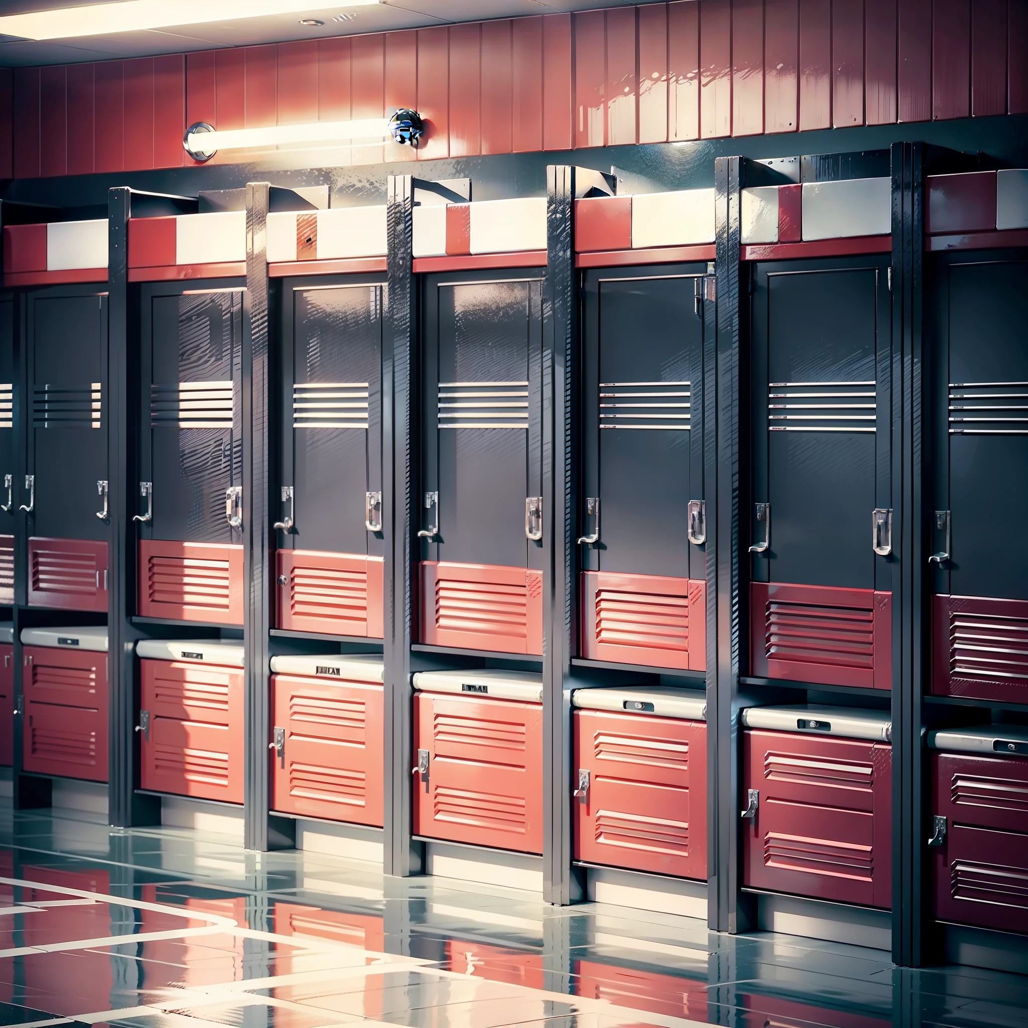 Create a football locker room with red and black lockers. Make sure the image captures the locker room environment in a realistic and self-contained way, with details like the lockers, the red and black colors, and any other elements you feel are important. Use a vibrant, contrasting color palette to make the image stand out and make it more appealing. Add textures and details to make the image more realistic, like the appearance of lockers and soccer uniforms. that the resulting image looks realistic and detailed." —c 10 —ar 2:3