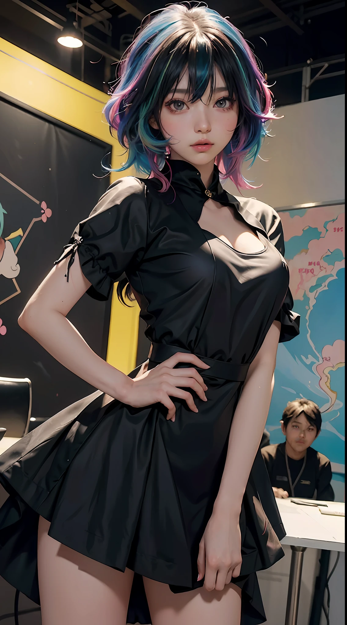 Anime girl with colorful hair and a black dress, RossDraw vibrant pastel, RossDraw vibrant cartoon, 4K anime style, cute anime portrait, colorful Artgerm!!!, ! Dream Artgerm, Beautiful Anime Girl, Anime Style Digital Art, 4K Anime Art Wallpaper, 4K Anime Art Wallpaper, Digital Anime Art, Extremely Detailed Artgerm