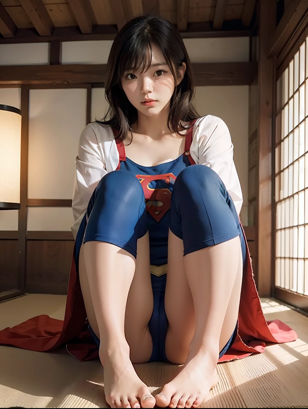 Dad is embarrassed because he takes off the panties of Japanese babe Supergirl with his feet.