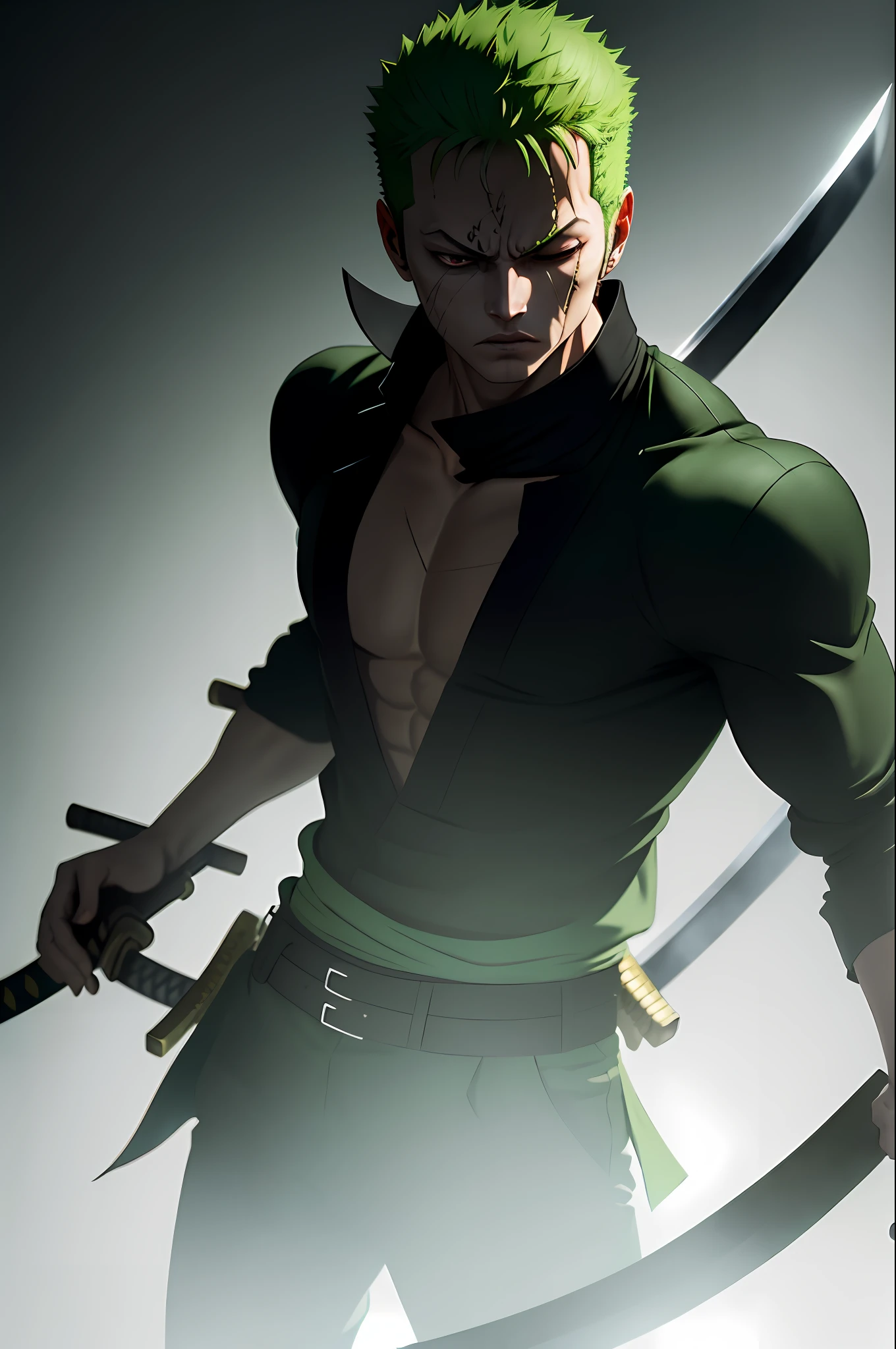 1boy, Vanostil, Roronoa Zoro, angry look, Katana, (one eye closed), scar on the eye, green hair. solo, whole body, (((masterpiece))), ((best quality)), (extremely detailed), depth of field, dark intense shadows, lighting, HDR, good composition, spectacular, black eyes, modern dark clothes,