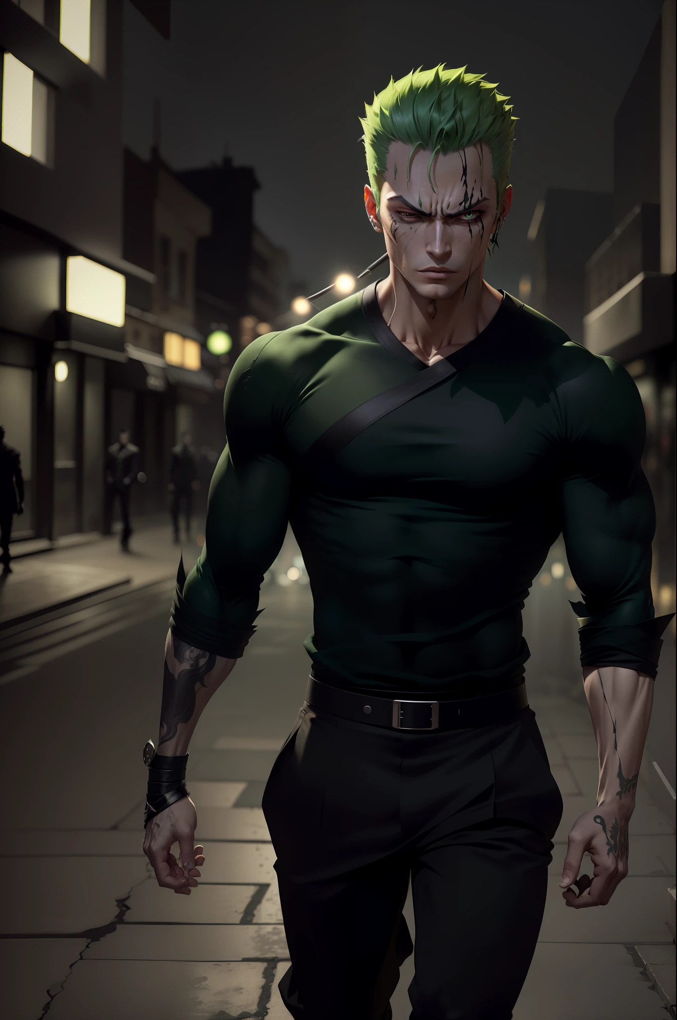 Handsome 1boy, Roronoa Zoro, angry look, (one eye closed), scar on the eye, green hair. solo, full body, ((((masterpiece))), ((best quality)), (extremely detailed), dark intense shadows, lighting, HDR, good composition, dynamic pose, black eyes, modern fashionable dark clothes, blurred background, night city street