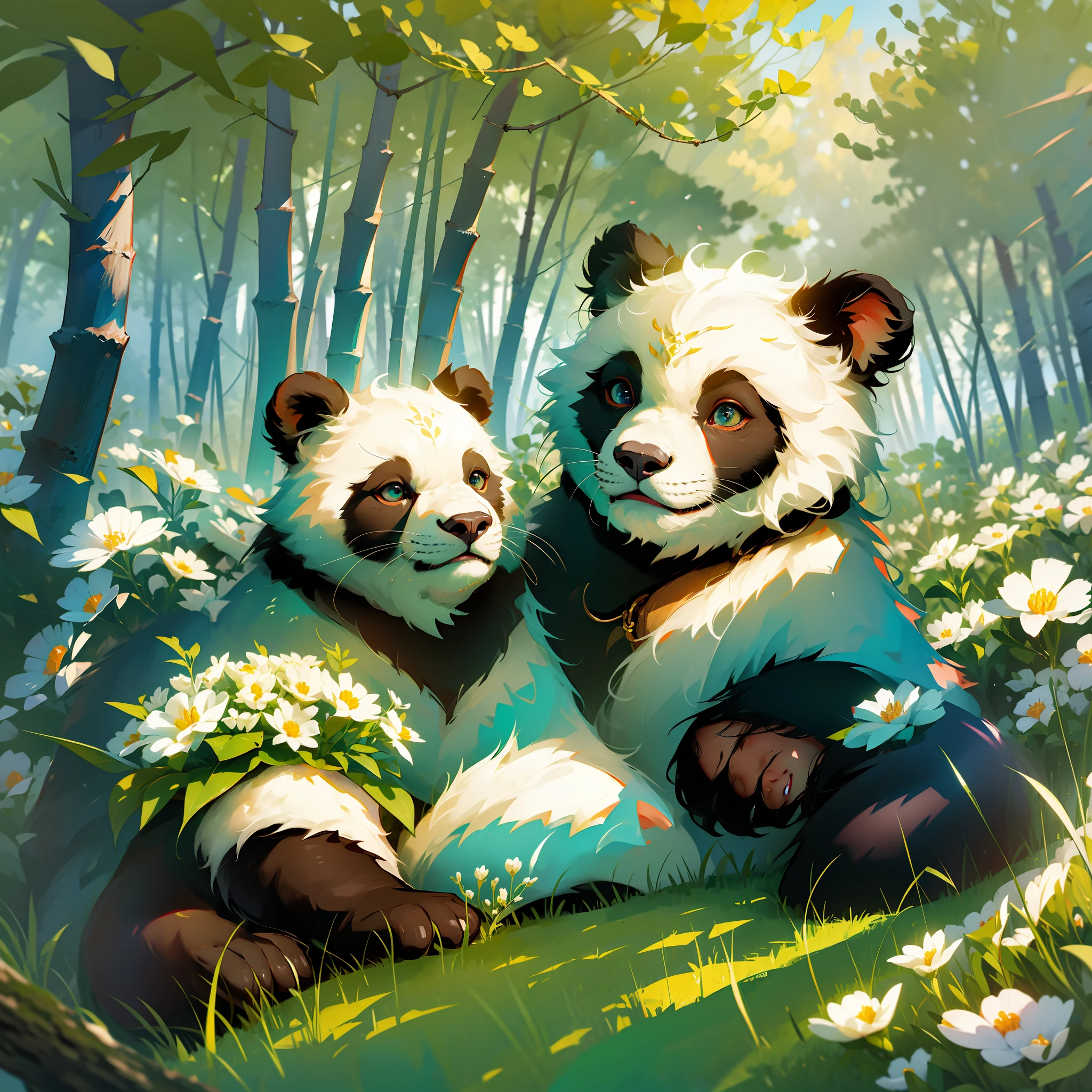 8K, 1 bear, two front paws holding a large bamboo shoot sitting on the ground, (shiny and shiny hair: 1.5), (exquisite depiction of details: 1.5), cute giant panda named Wahua, characteristics of giant pandas, smiling at the audience, enjoying the spring scenery in the small hills full of flowers, wide-angle lens, HD picture quality, exquisite and cartoonish details