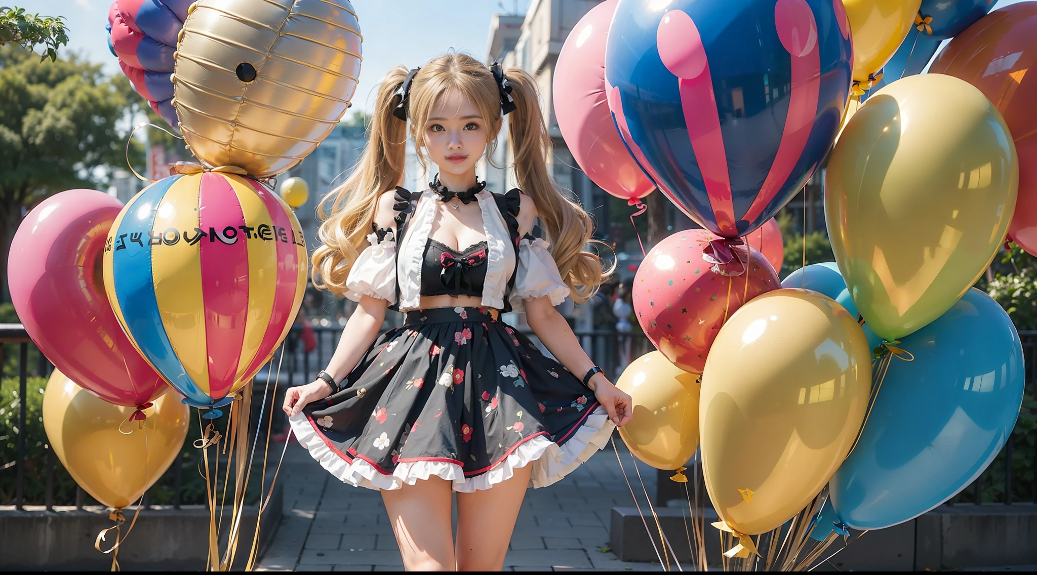 ((top quality, 8k, masterpiece: 1.3)), 1 woman, full body, smiling beautiful girl with many balloons, (blonde, twin tails) (big: 1.3, cleavage), cut abs, revealing, colorful clown outfit, ultra detailed face, (detailed eyes, double eyelids, color contacts, eye catch, catch light, long eyelashes), Sony α7, wide frame,  balloons are multicolored, balloon designs various, Ueno Park,
