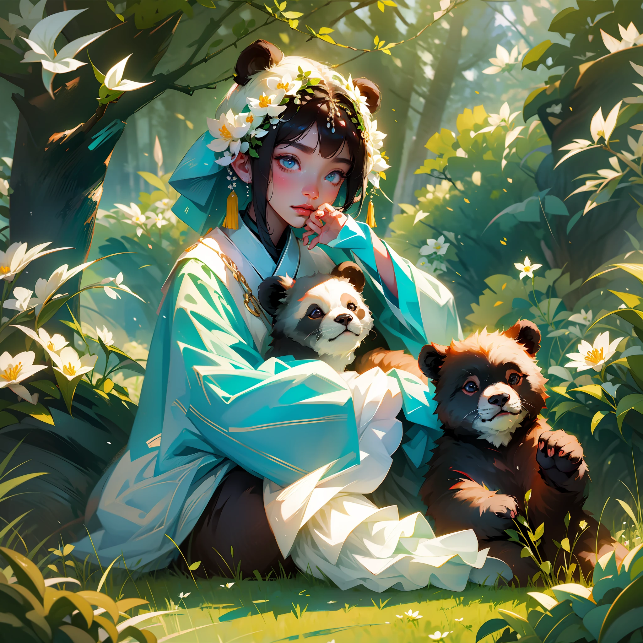 8K, 1 bear, two front paws holding a large bamboo shoot sitting on the ground, (shiny and shiny hair: 1.5), (exquisite depiction of details: 1.5), cute giant panda named Wahua, characteristics of giant pandas, smiling at the audience, enjoying the spring scenery in the small hills full of flowers, wide-angle lens, HD picture quality, exquisite and cartoonish details