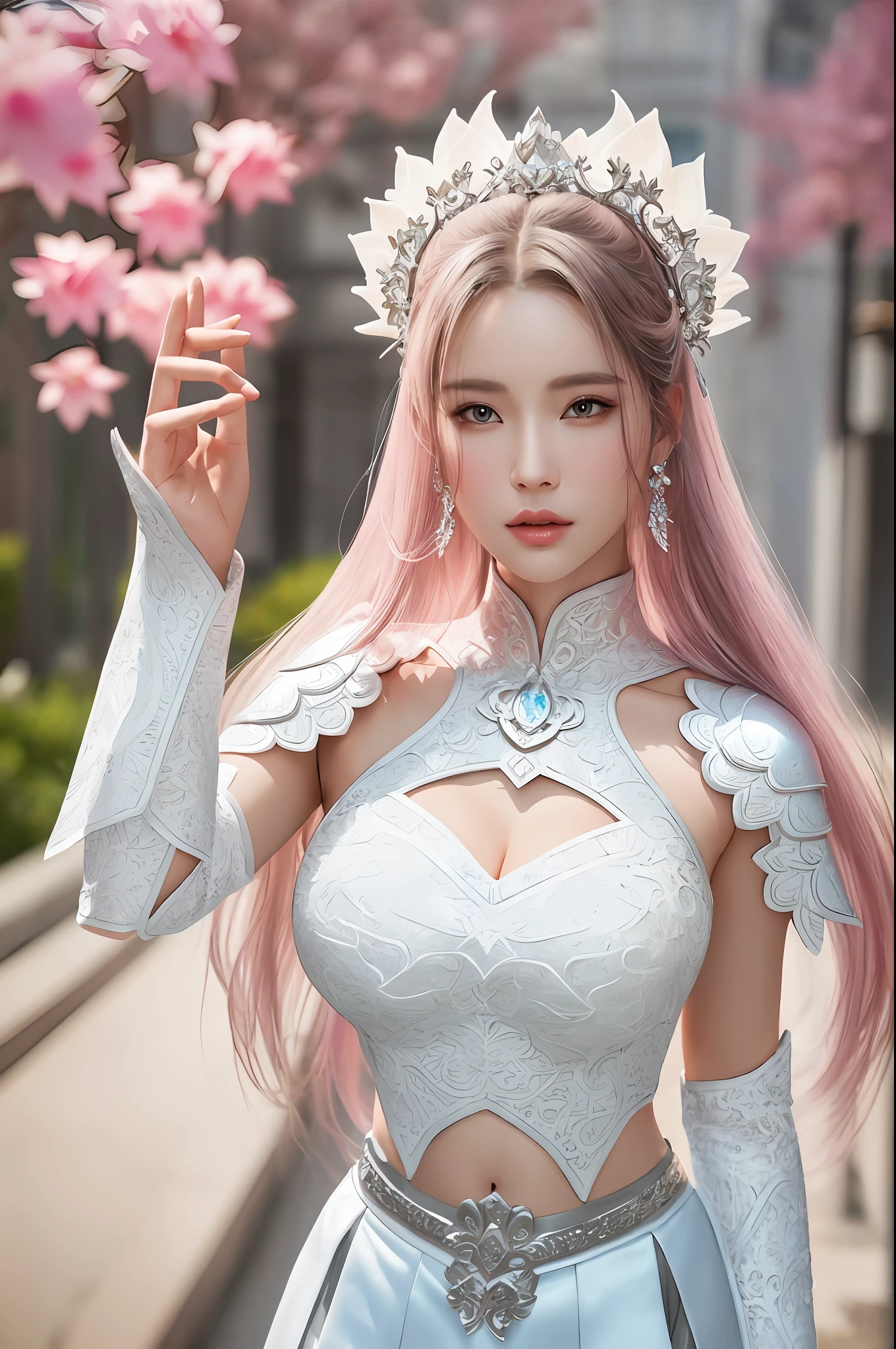 a sexy woman in a white gold and pink lotus lace armor skirt, chengwei pan on artstation, by Yang J, detailed fantasy art, stunning character art, fanart best artstation, epic exquisite character art, beautiful armor, extremely detailed artgerm, detailed digital anime art, artgerm on artstation pixiv, armor girl, cleavage big breasts:1.2, (mini skirt:1,5)
