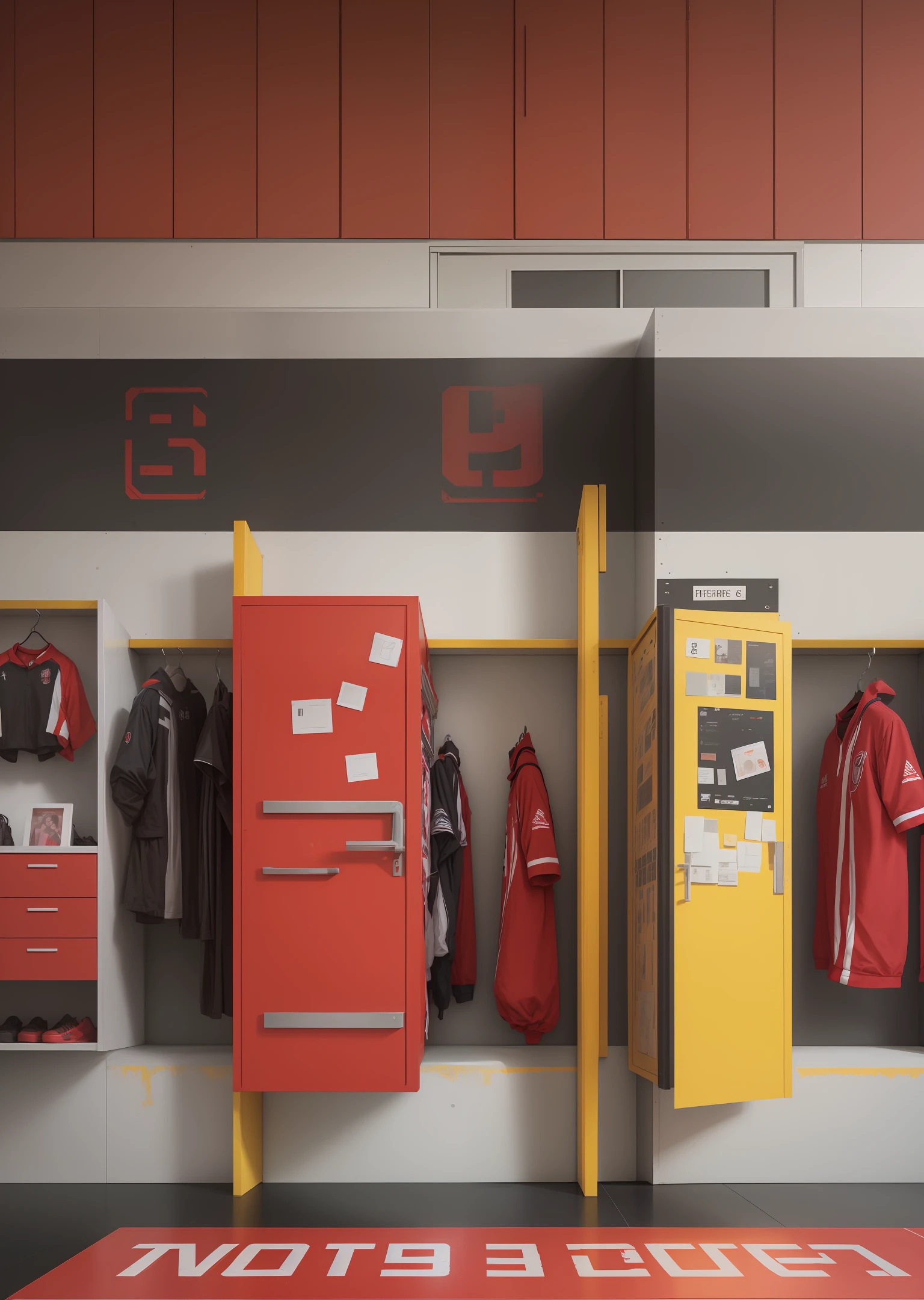 Create a football locker room with red and black lockers. Make sure the image captures the locker room environment in a realistic and self-contained way, with details like the lockers, the red and black colors, and any other elements you feel are important. Use a vibrant, contrasting color palette to make the image stand out and make it more appealing. Add textures and details to make the image more realistic, like the appearance of lockers and soccer uniforms. that the resulting image looks realistic and detailed." —c 10 —ar 2:3 --auto --s2