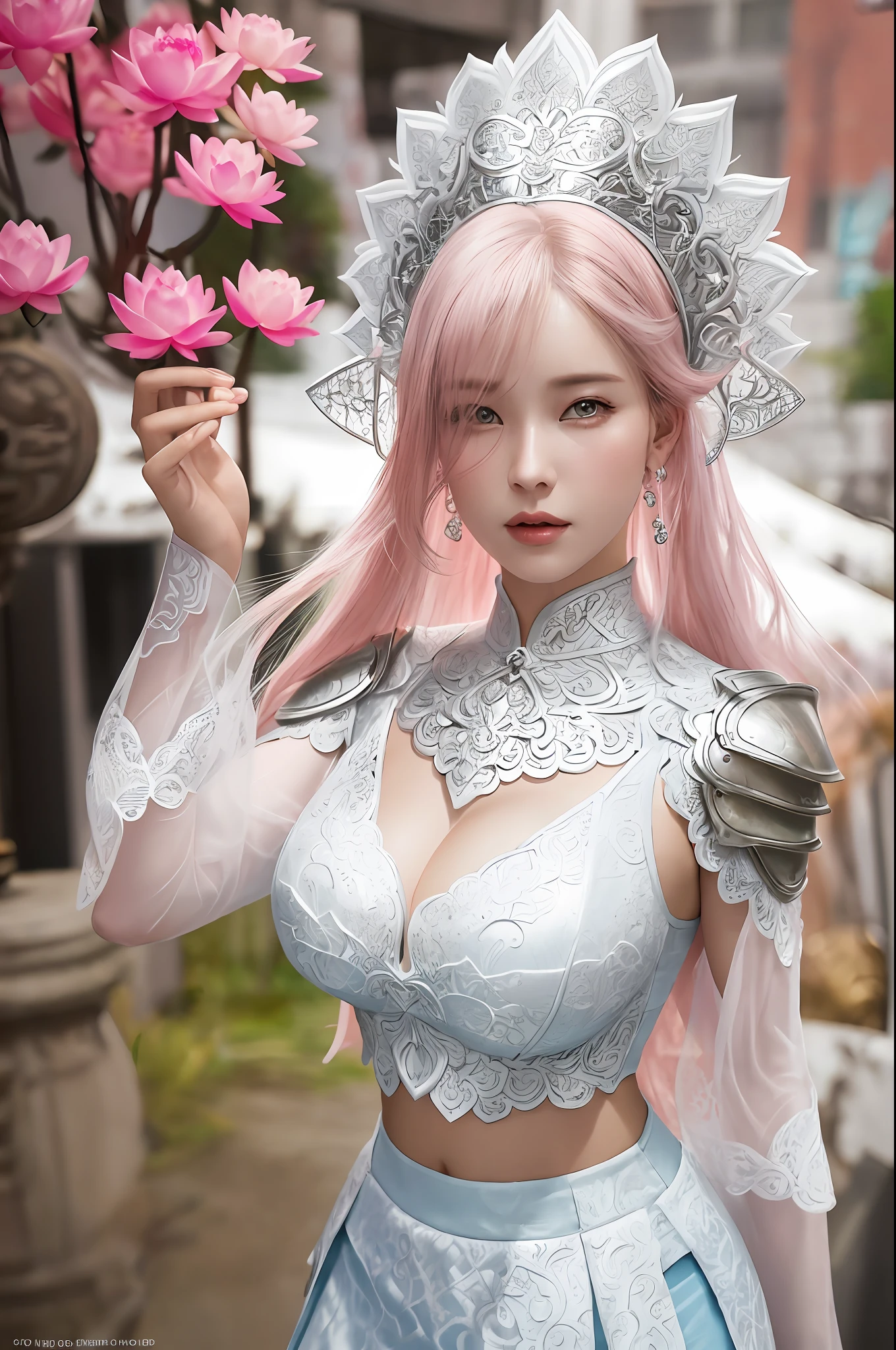a sexy woman in a white gold and pink lotus lace armor skirt, chengwei pan on artstation, by Yang J, detailed fantasy art, stunning character art, fanart best artstation, epic exquisite character art, beautiful armor, extremely detailed artgerm, detailed digital anime art, artgerm on artstation pixiv, armor girl, cleavage big breasts:1.2, (mini skirt:1,5)