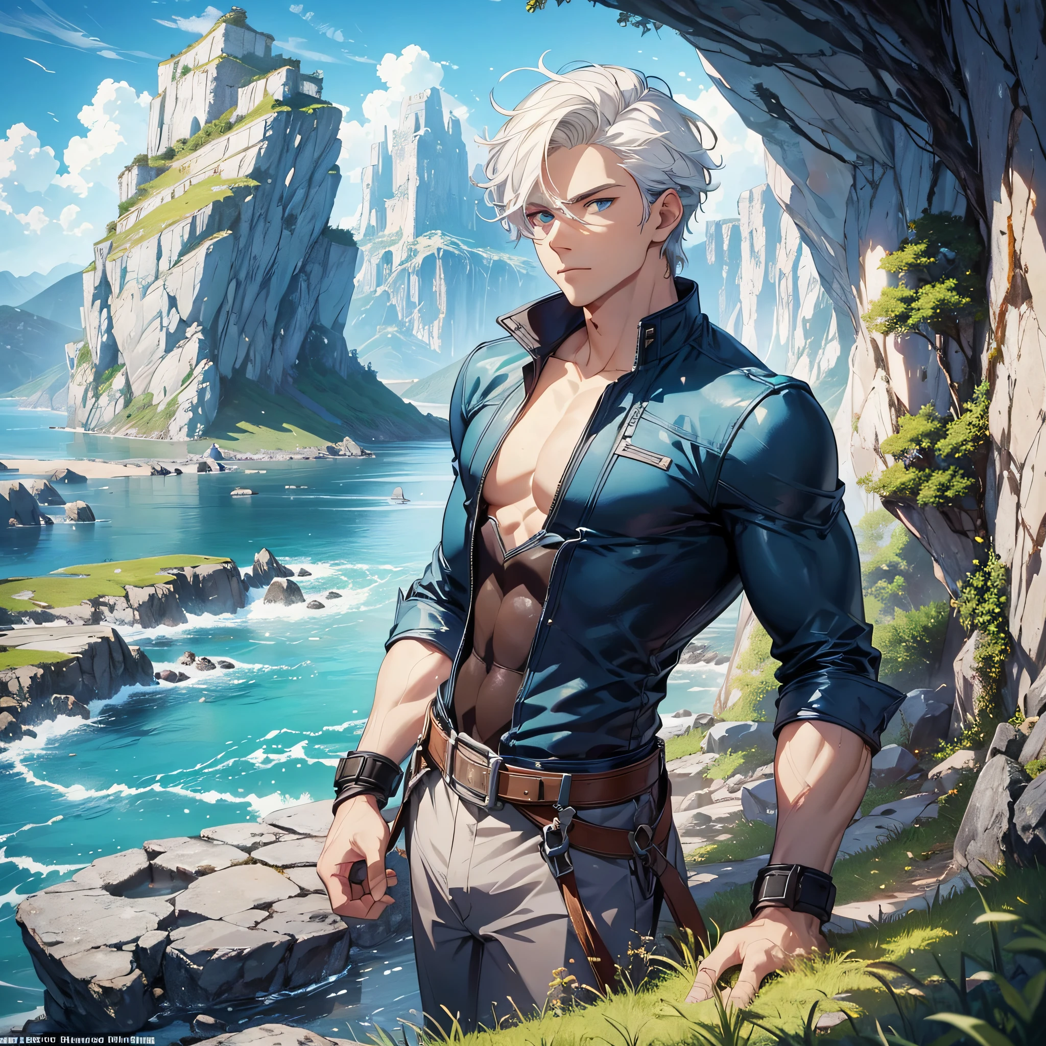 Handsome man, short white hair, blue eyes, rock climbing, deep, cliff, fresh, challenging himself, characters and postures with a sense of strength, healthy display, warm colors, fusion of grass, water, leaves, sky, clouds and peaks and other elements, enhance the sense of environment, lens side shot, (masterpiece, top quality, best quality, official art, beautiful and aesthetic: 1.2 )