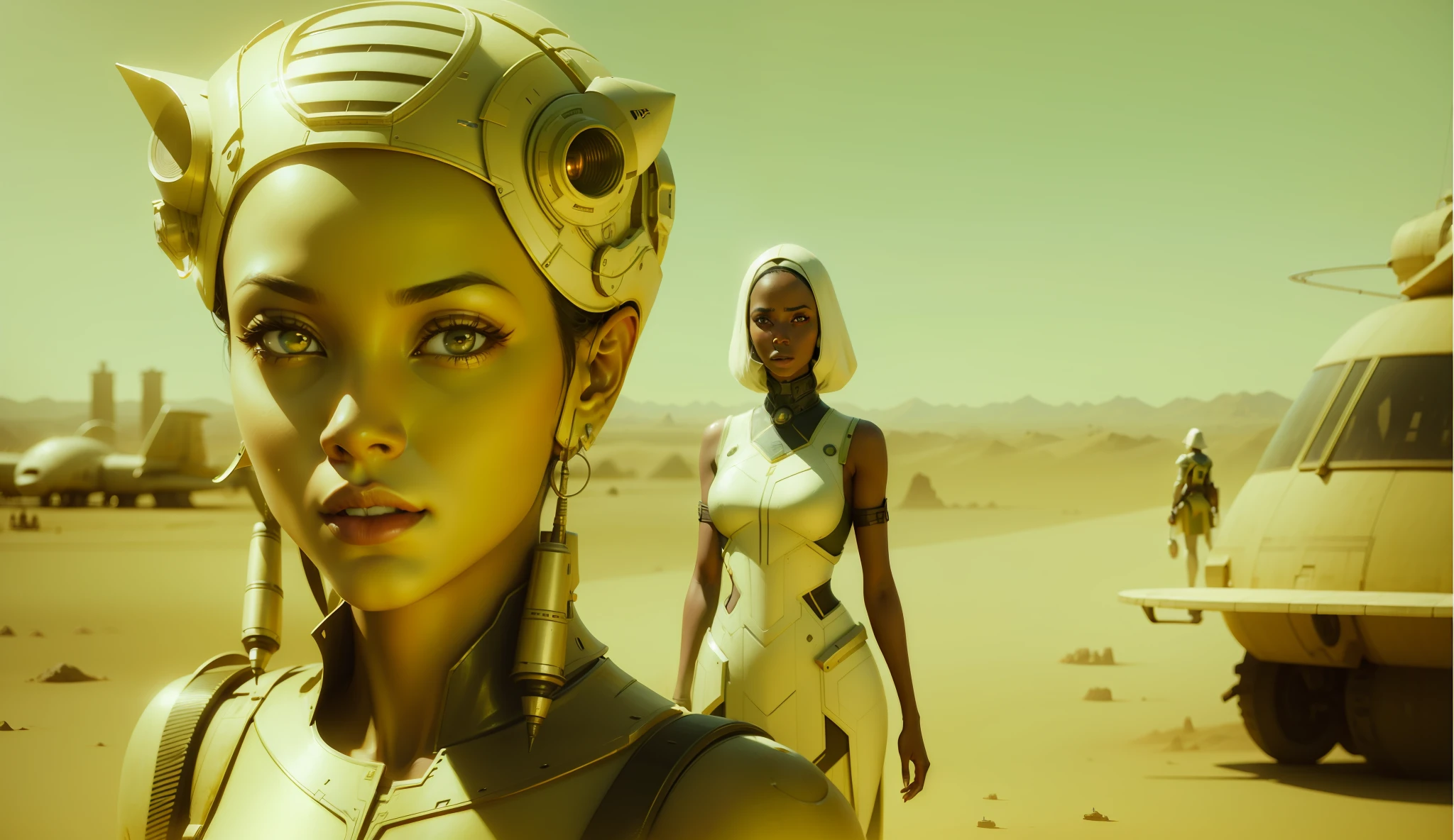 a couple of women standing next to each other, a matte painting by Paul Cornoyer, cgsociety, afrofuturism, reimagined by industrial light and magic, anamorphic lens flare, #vfxfriday