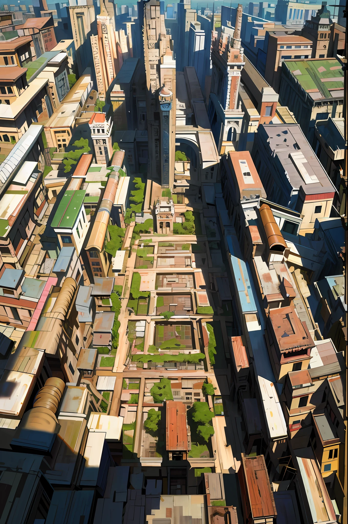 a painting of a city with lots of buildings and a clock tower, realistic painting of a complex, hyperdetailed | donato giancola, vincent desiderio, expansive detailed layered city, aerial viewyoji shinkawa, kowloon walled city, hyperrealism vrubel, extremly detailed oil painting, kowloon walled city style, hyperdetailed oil painting