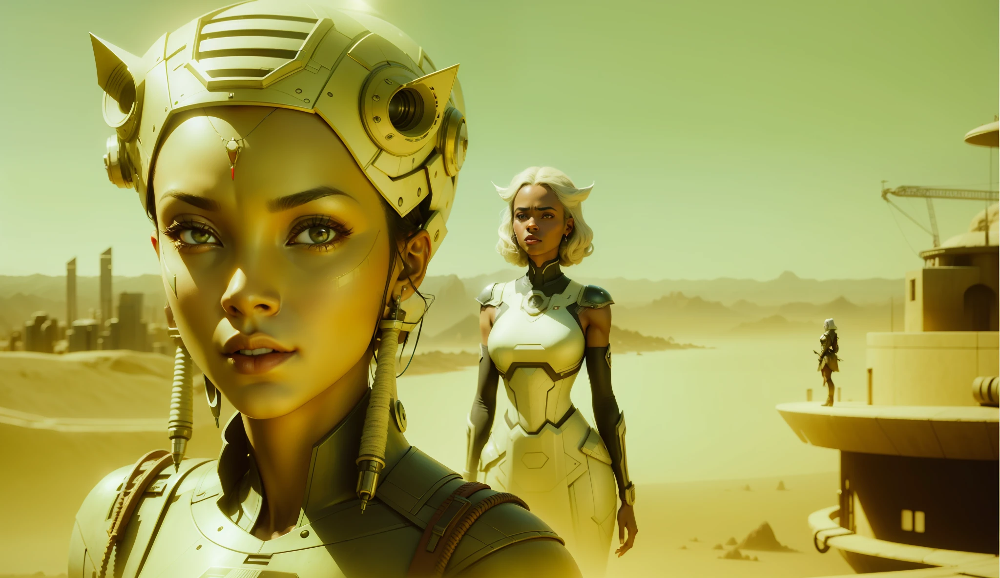 a couple of women standing next to each other, a matte painting by Paul Cornoyer, cgsociety, afrofuturism, reimagined by industrial light and magic, anamorphic lens flare, #vfxfriday