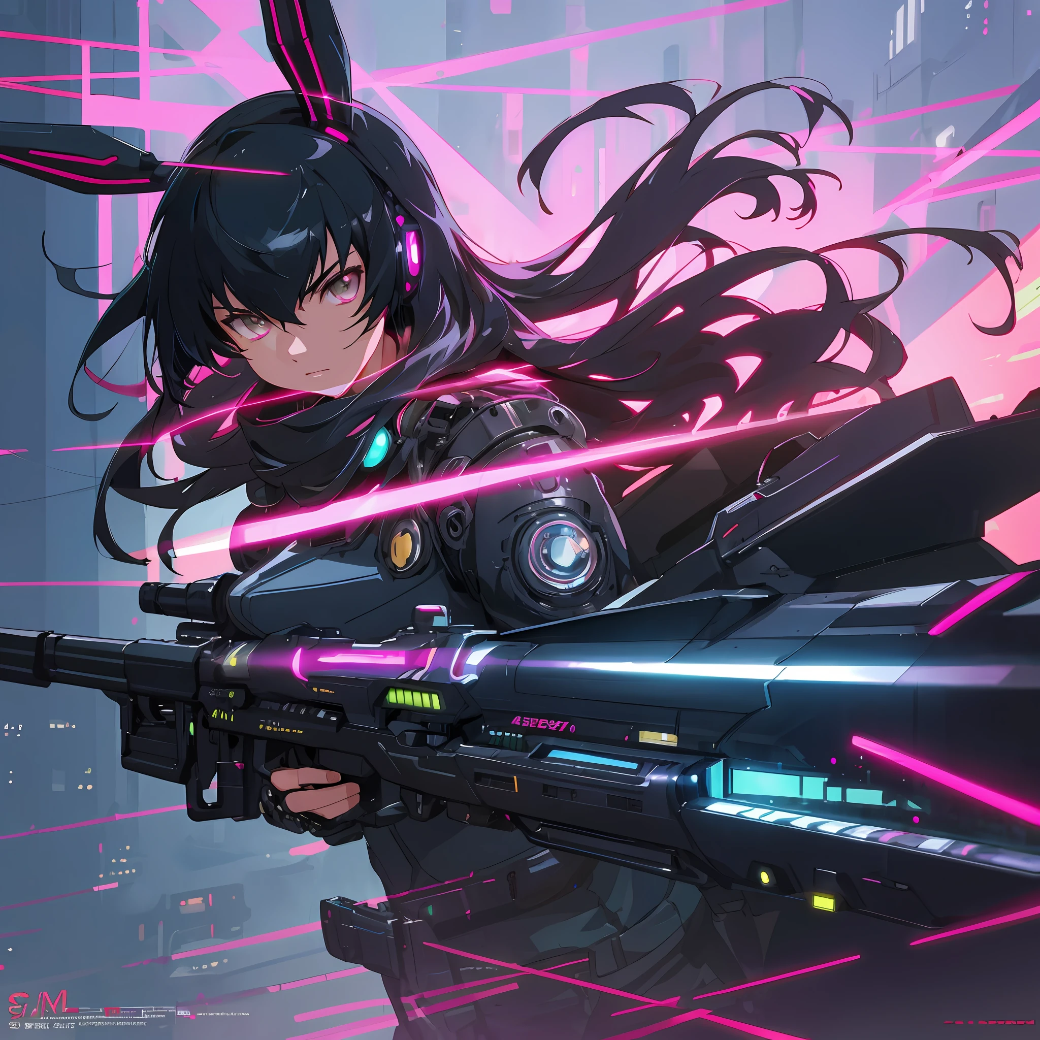 3d,big,anime character with pink long hair and silver eyes in futuristic city at night,rainbow takes, futuristic black jacket, ((big))),digital cyberpunk anime art, bad anime 8k, best anime 4k konachan wallpaper, anime style 4k, digital cyberpunk - anime art, anime art wallpaper 8k, anime wallpaper 4k, anime art wallpaper 4K, anime cyberpunk art, top quality digital art, upper body close-up shot, stunning art by Makoto Shinkai, with futuristic glowing long gun, quick movement, realistic detailed depiction background, extremely detailed metal costume and background, extremely detailed mechanical costume and background, extremely fine shiny costume and background, costume and background with detailed pattern, Futuristic monitor set up on background, chasing, rape face, upturned eyes, (ahe face), dissatisfied expression, frustration, machine glowing cyberpunk drooping rabbit ears,