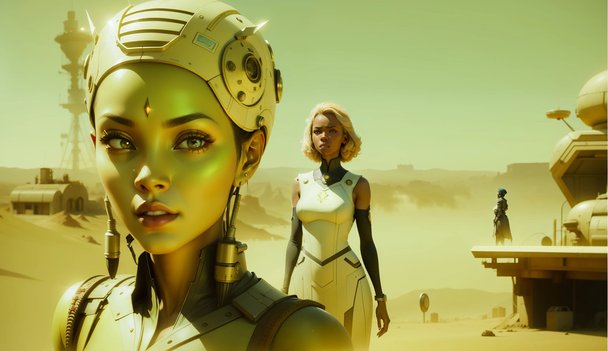 a couple of women standing next to each other, a matte painting by Paul Cornoyer, cgsociety, afrofuturism, reimagined by industrial light and magic, anamorphic lens flare, #vfxfriday