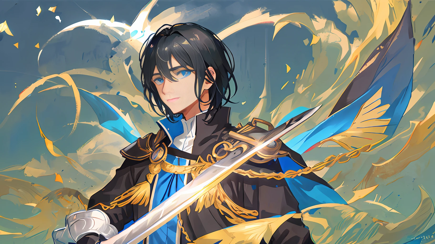a young man with black hair and blue eyes, holding a sword, black clothes and blue coat, medieval, anime style