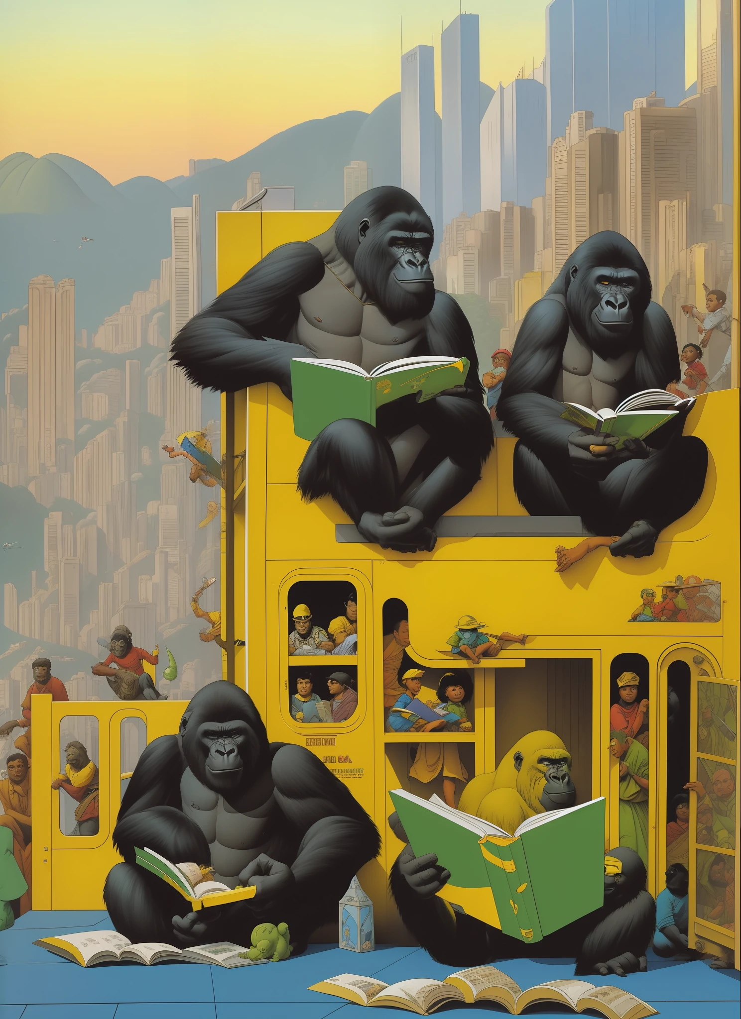Two gorillas sitting reading book in Rio de Janeiro, Green, Yellow, Blue, Copacabana, Rio de Janeiro, Brazil, by Peter de Seve, ralph mcquarrie. Centered image, by Geof Darrow, kaiju towering above the Lacerda elevator, inspired by John Philip Falter, by John Philip Falter.