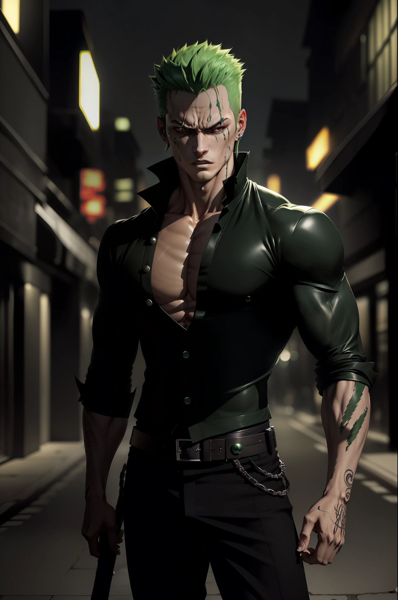 Handsome 1boy, Roronoa Zoro, angry look, (one eye closed), scar on the eye, green hair. solo, full body, ((((masterpiece))), ((best quality)), (extremely detailed), dark intense shadows, lighting, HDR, good composition, dynamic pose, black eyes, modern fashionable dark clothes, blurred background, night city street