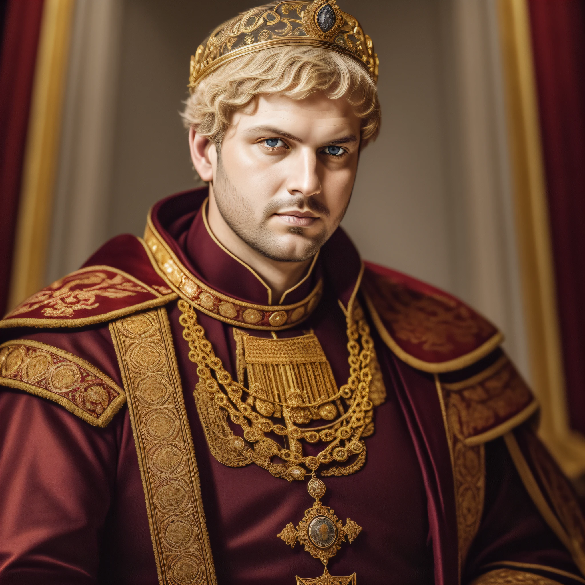 A portrait photograph of Emperor Nero, with his face looking directly into the camera and sharp focus on his face. The photograph is captured in a contemporary style, enhancing the emperor's presence and intensity. His eyes are mesmerizing, revealing his complex and imposing personality. The lighting is soft, highlighting the details and textures of his face. The photograph is in rich, vibrant colors, highlighting the luxury of his clothing and the crown he wears. The background is blurred, creating an effect of depth and isolating the emperor's face as the main element of the photograph. Portrait photography, DSLR camera with a 50mm portrait lens, --ar 3:2 --v 5.