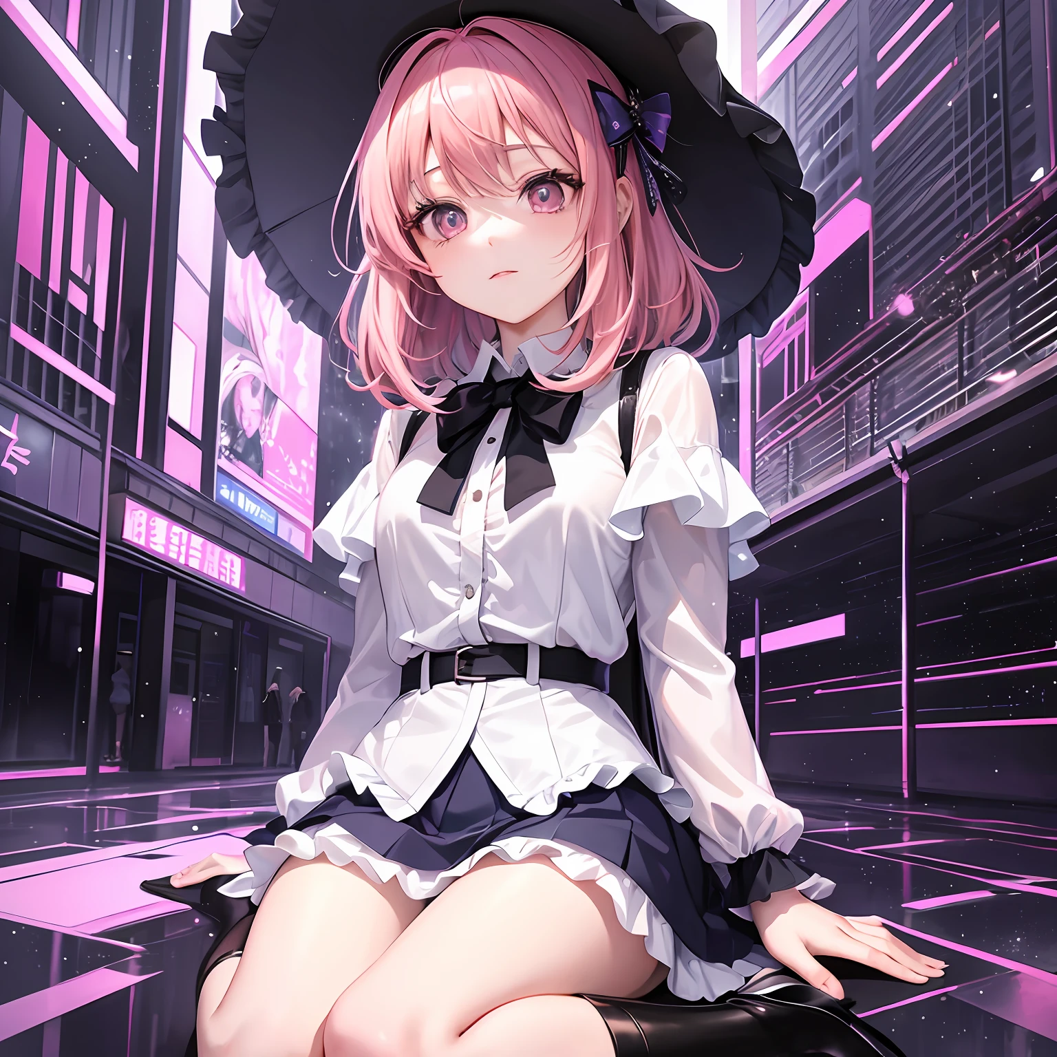 Dramatic dynamic abstract art, anime pixiv style, a girl (Yuno Gasai) has pink hair with (fringe), light, white pepe, pink (light) eyes, wearing school uniform (white blouse with sleeves, blue ruffled skirt) down to her knees, in a simple well-designed setting with neutral, soft dramatic lighting, of a city at night in the middle of the rain, giving a gothic look to the scene, where she is looking at the viewer. --s2