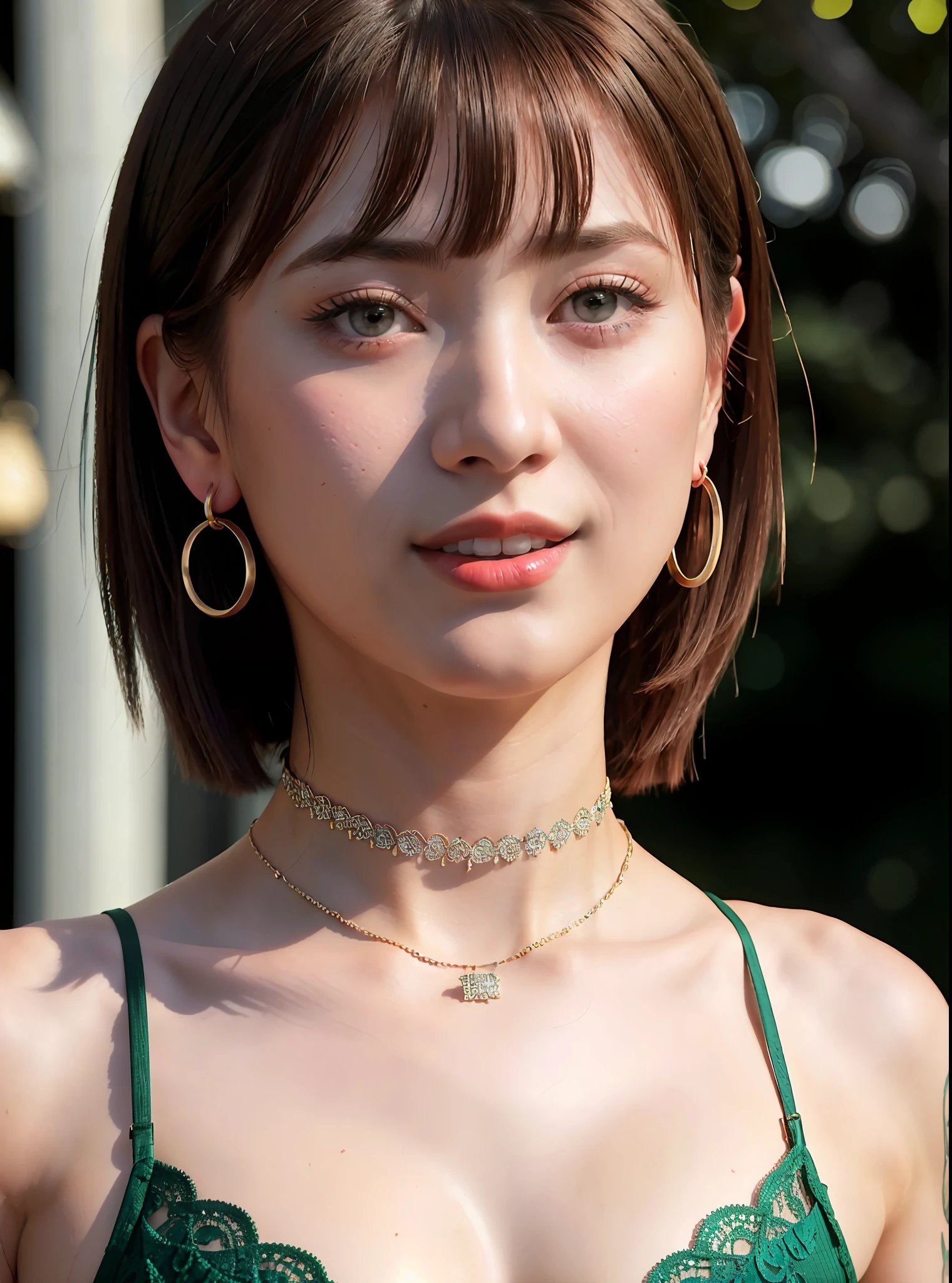 (8k, best quality, masterpiece:1.2), (realistic, photo-realistic:1.37), best quality, masterpiece, unity, an extremely delicate and beautiful, extremely detailed, Amazing, finely detail, masterpiece, best quality, official art, absurdres, incredibly absurdres, huge filesize, ultra-detailed, highres, extremely detailed, beautiful detailed girl, extremely detailed eyes and face, beautiful detailed eyes, light on face, nose blush, ((1girl)), blue eyes, green eyes, red lips, eye_makeup, short hair, bob_cut, (full_body_1.3), necklace, earrings, medium breasts, cleavage, lace_rims, tattoo, choker, slim_waist, ((firm_abs)), shiny skin, outdoor, professional lighting, detailed shadow, sharp_focus, supermodels, smiling, posing, rim lighting,,,